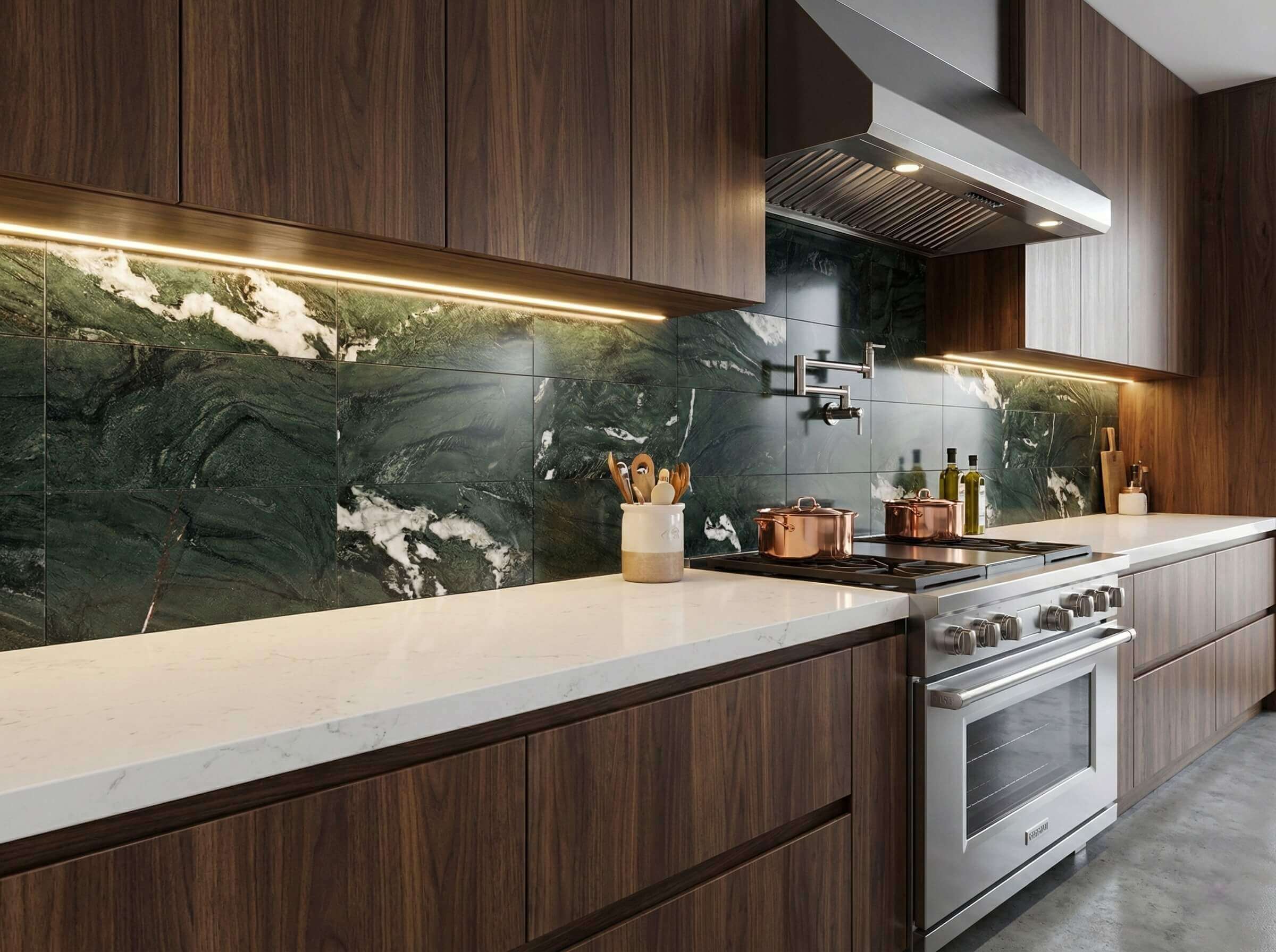 Modern kitchen design utilizing dark green natural stone tiles as a luxurious backsplash below walnut wooden cabinetry.