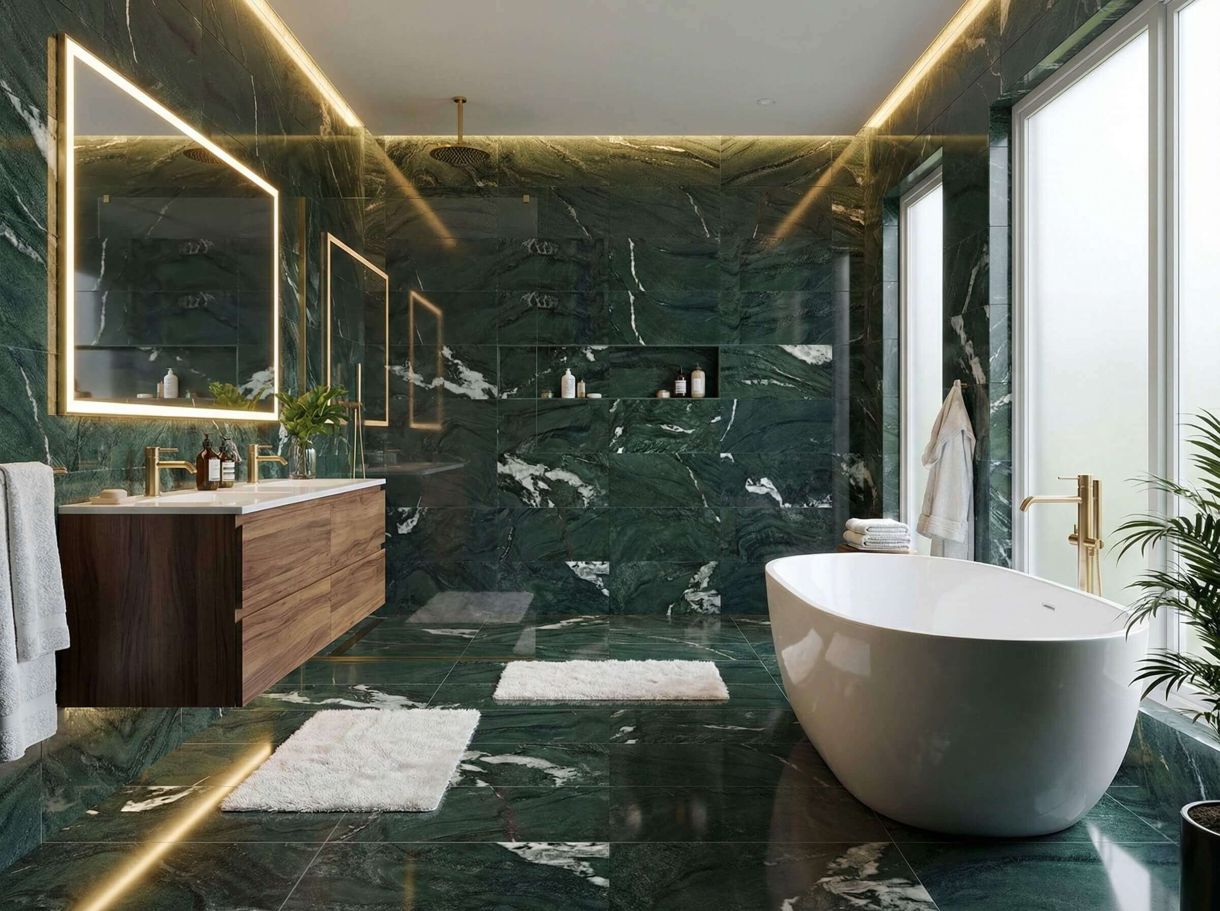 Master bathroom interior showcasing continuous dark green natural stone tile across the floor and walls for a luxury feel.