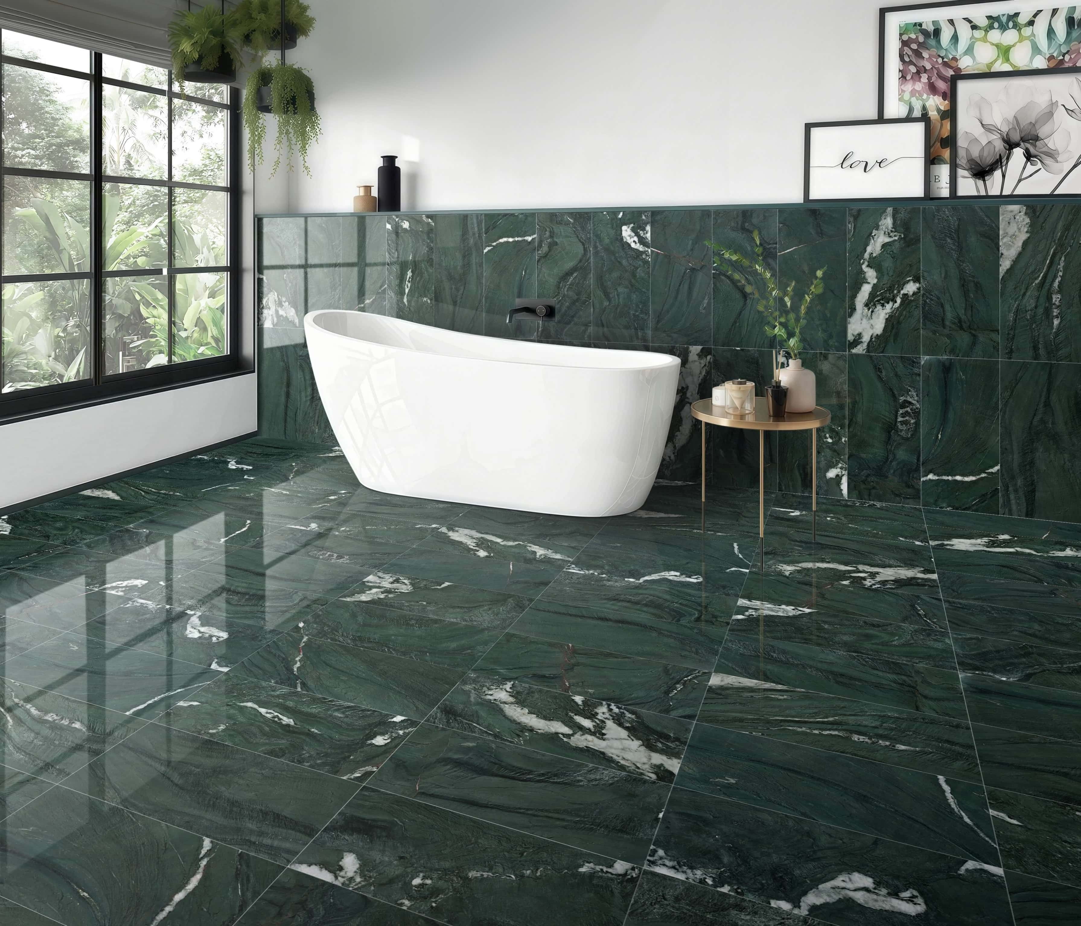 Luxury bathroom interior showcasing continuous diamond green polished marble tiles across the floor and wainscoting.
