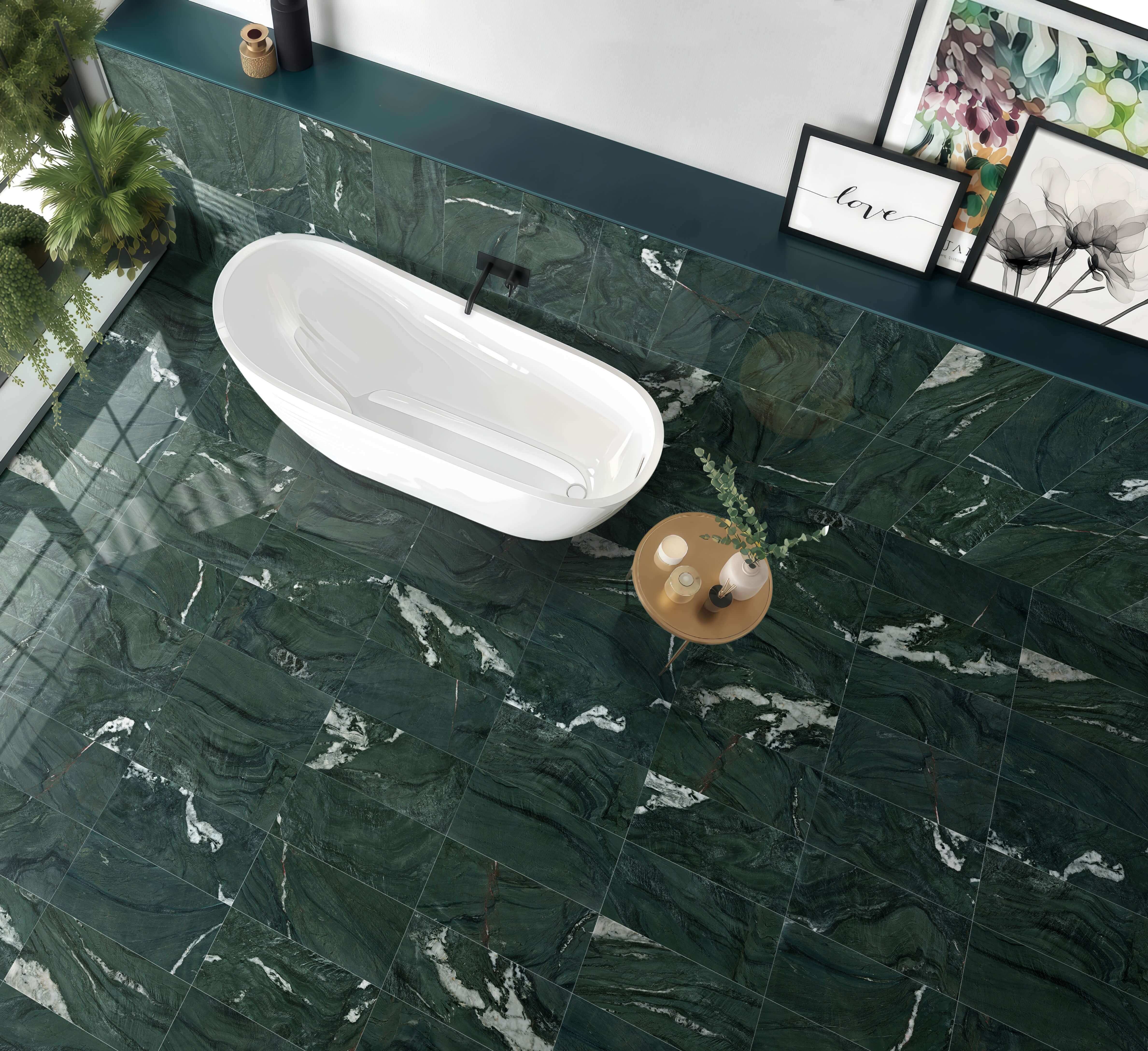 Overhead view of a spa-like bathroom displaying polished diamond green marble floor tiles with striking white quartz veins.