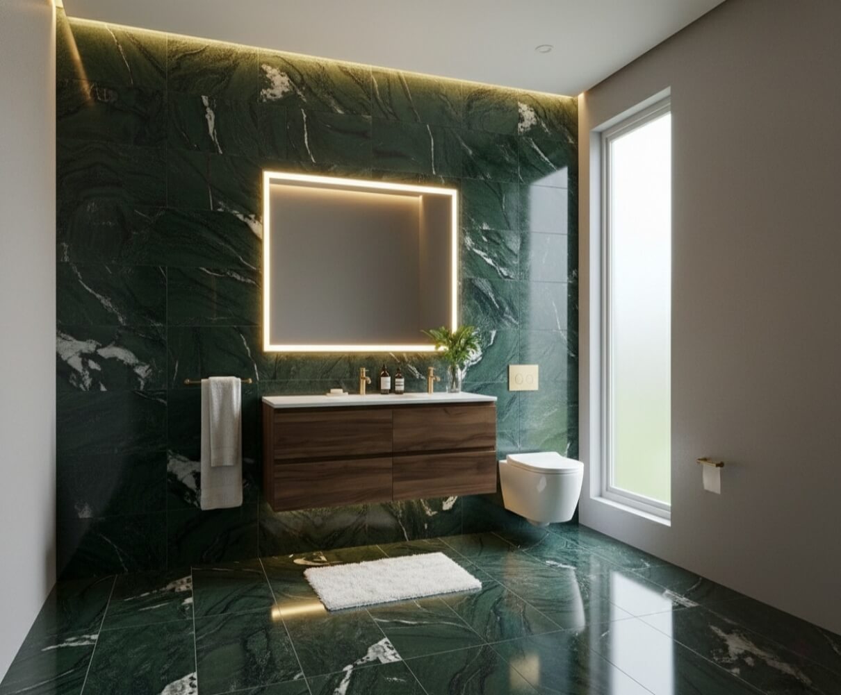 Modern bathroom featuring polished diamond green marble tiles on the wall and floor, paired with a floating wood vanity.