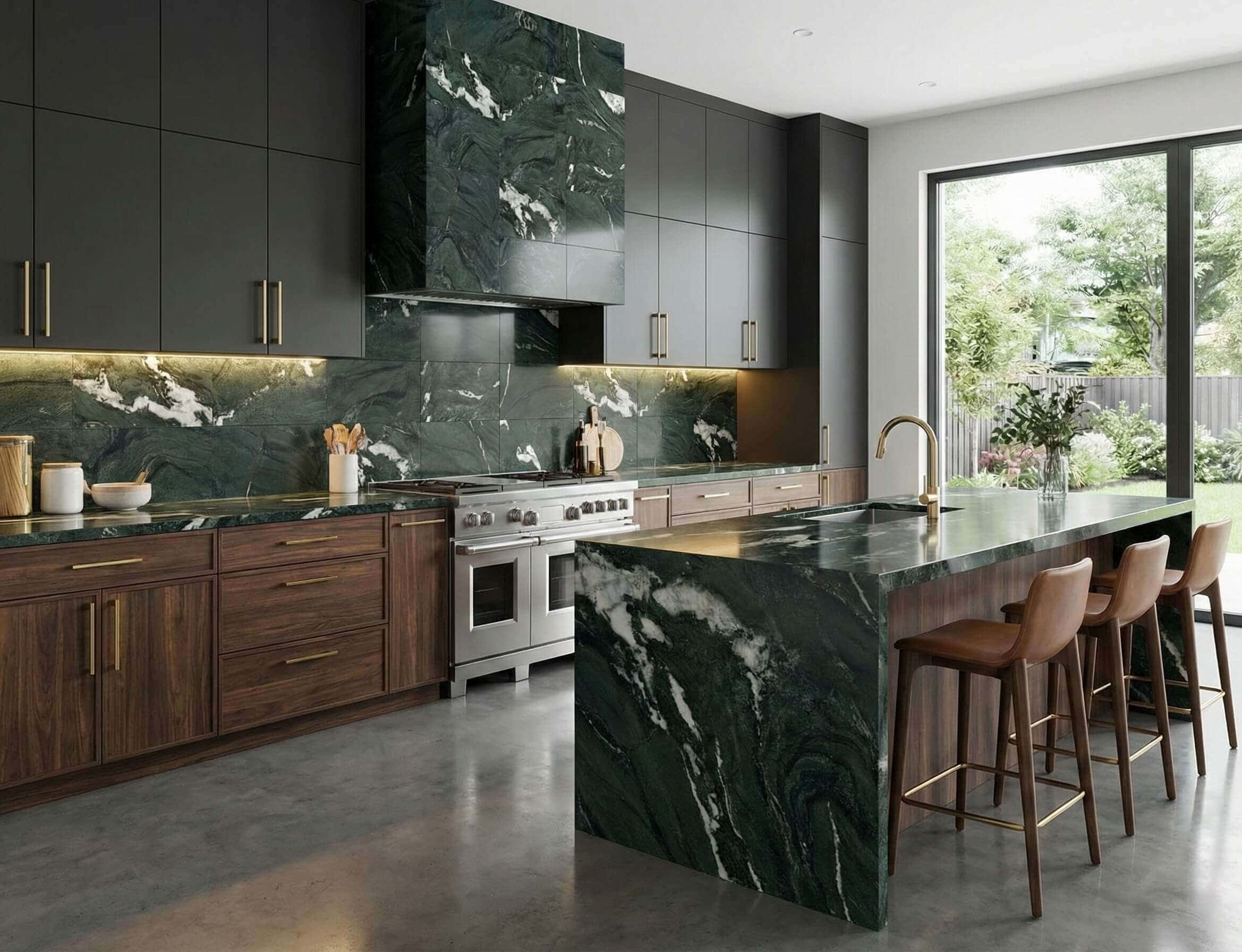 High-end kitchen interior featuring diamond green polished marble on the large center island, range hood, and backsplash.