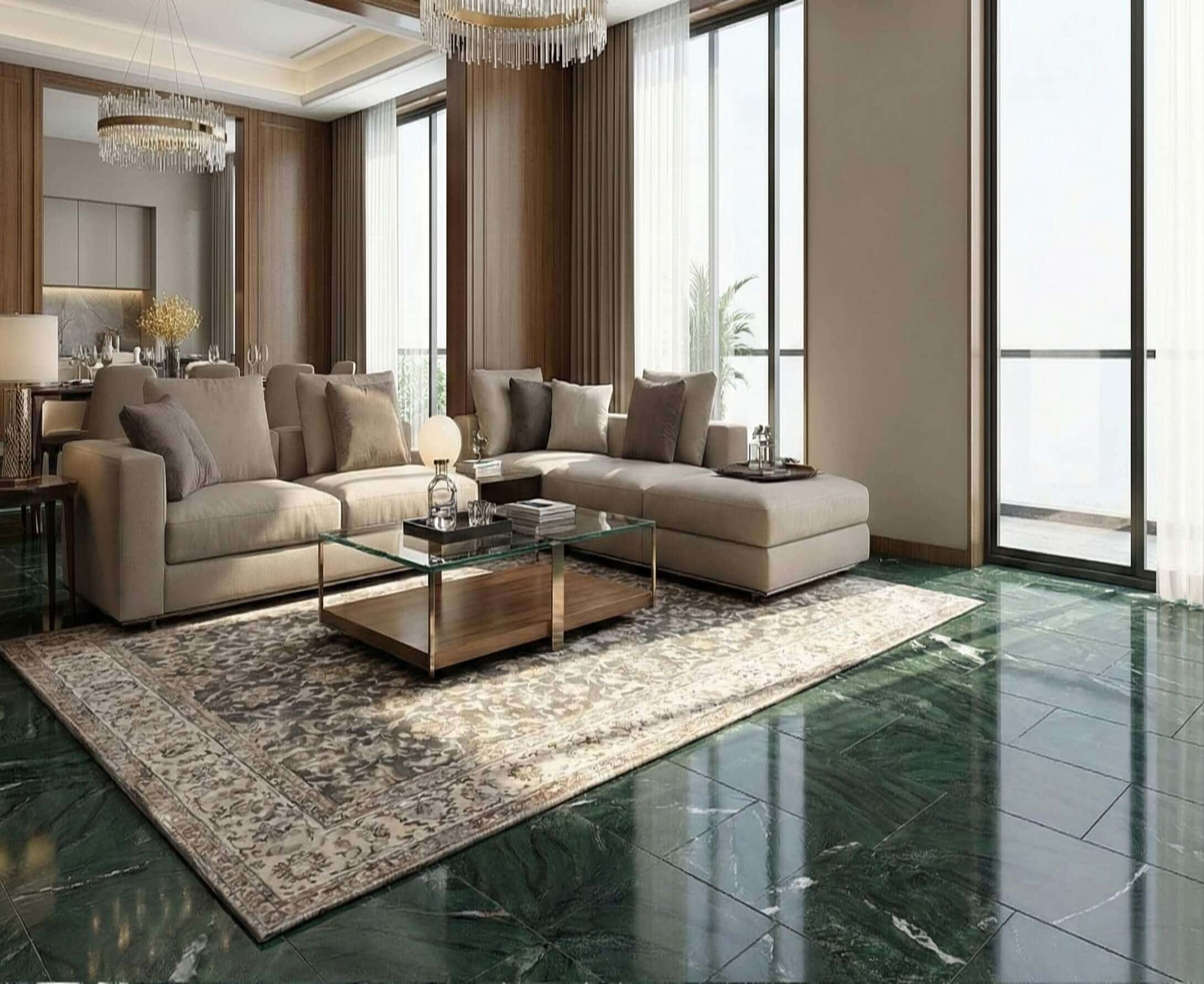 Elegant living room design featuring 12x24 green marble flooring that perfectly complements the modern beige sofa.