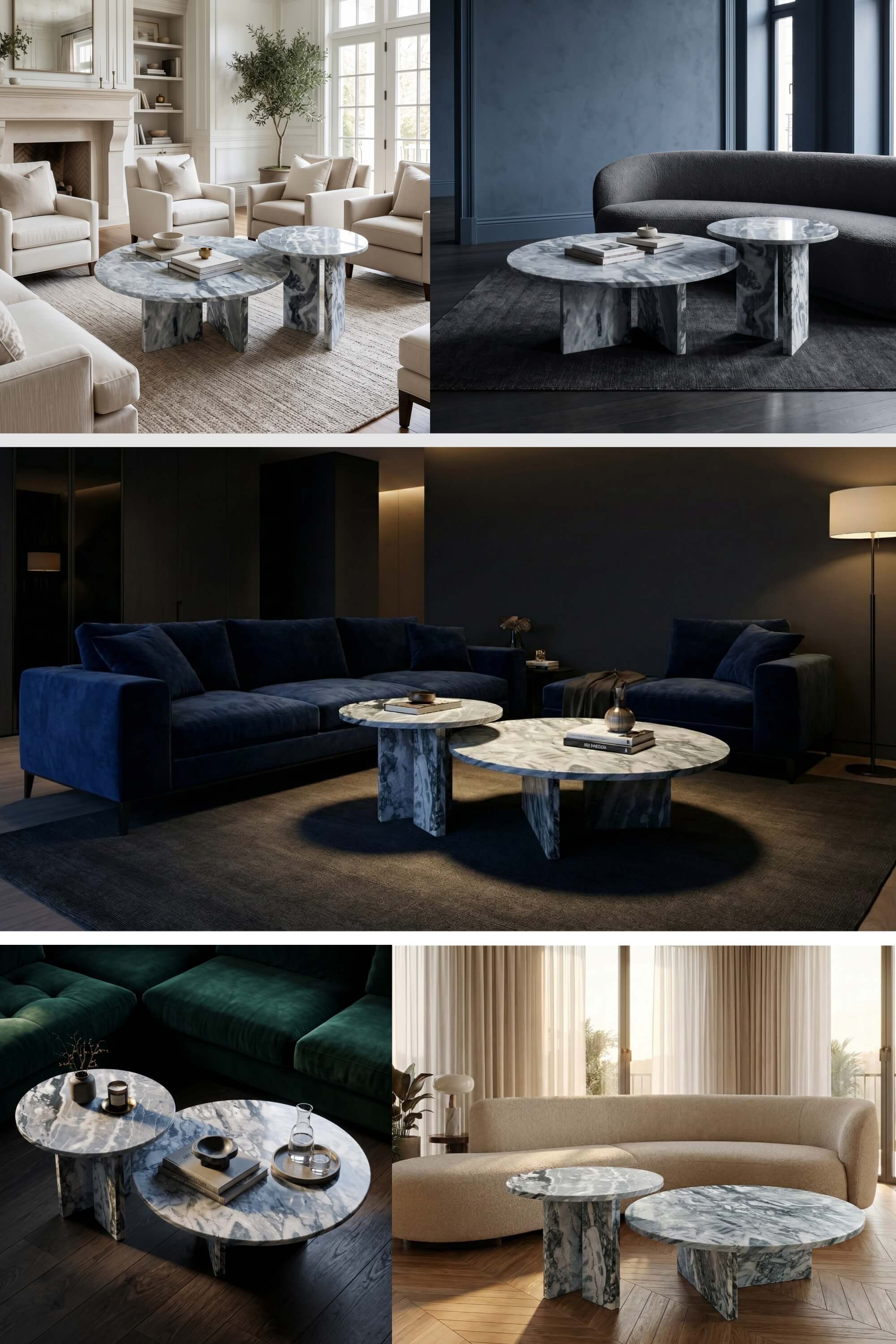 Collage showcasing the versatile round blue marble coffee table set complementing various modern and luxury interior styles.