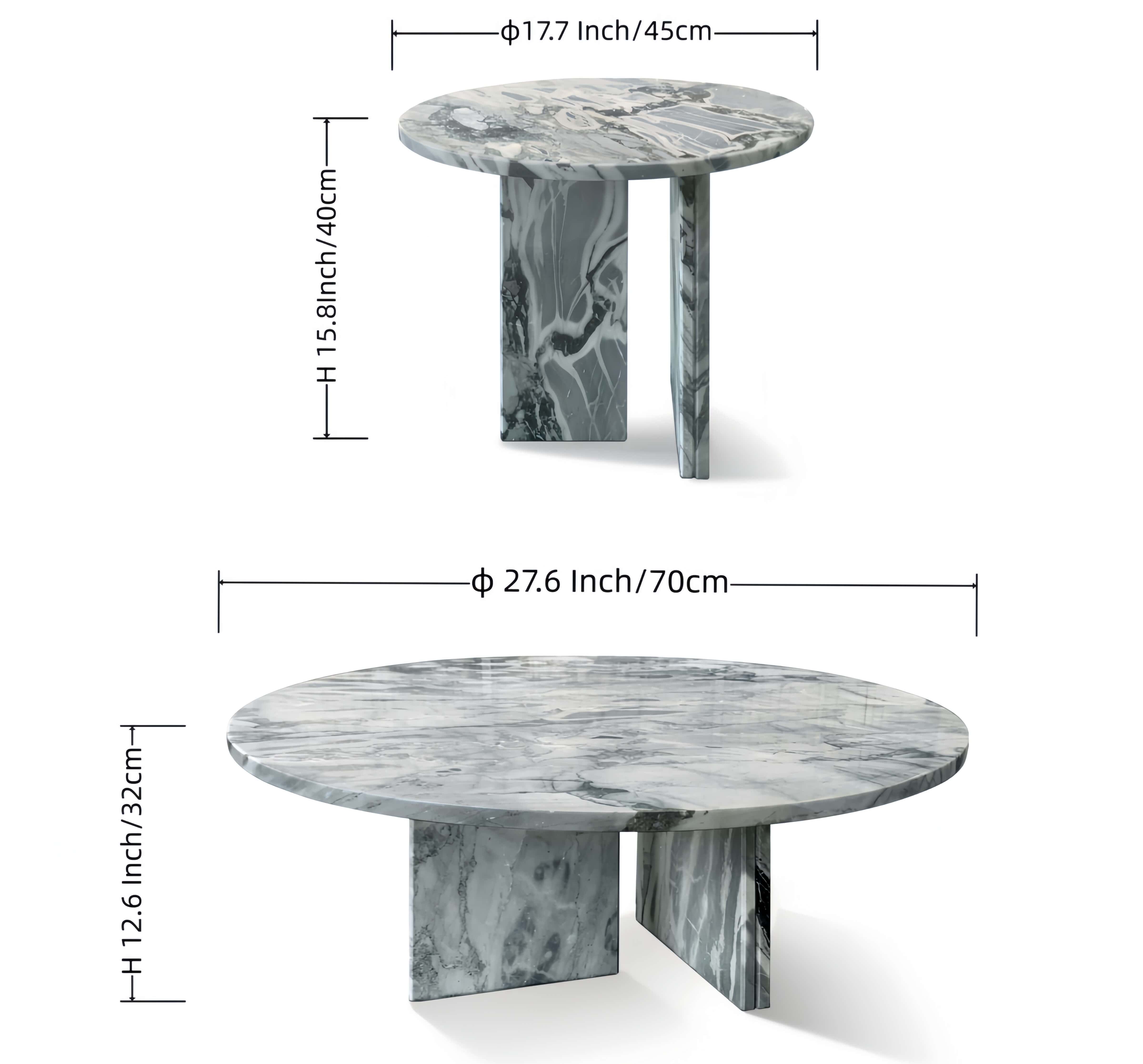 Dimensions for two-piece blue marble coffee table set showing 70cm and 45cm round tops with precise geometric base heights.