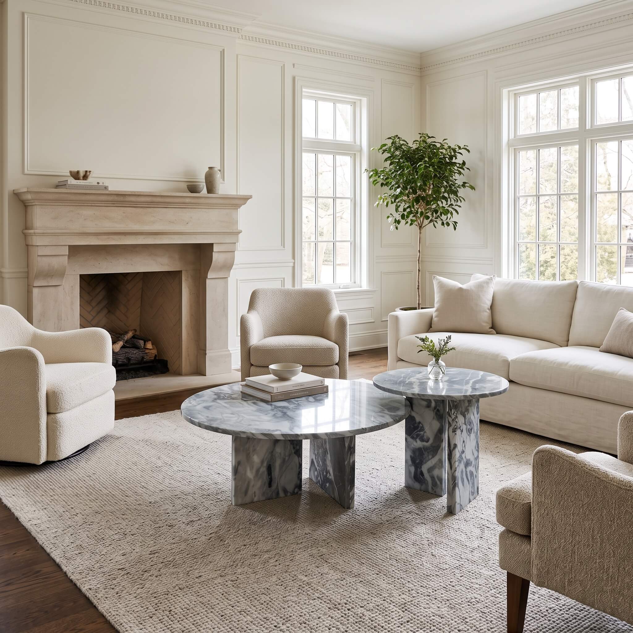 Cloudy blue marble center table set with round tops and upright panel bases centered in a bright traditional living room.