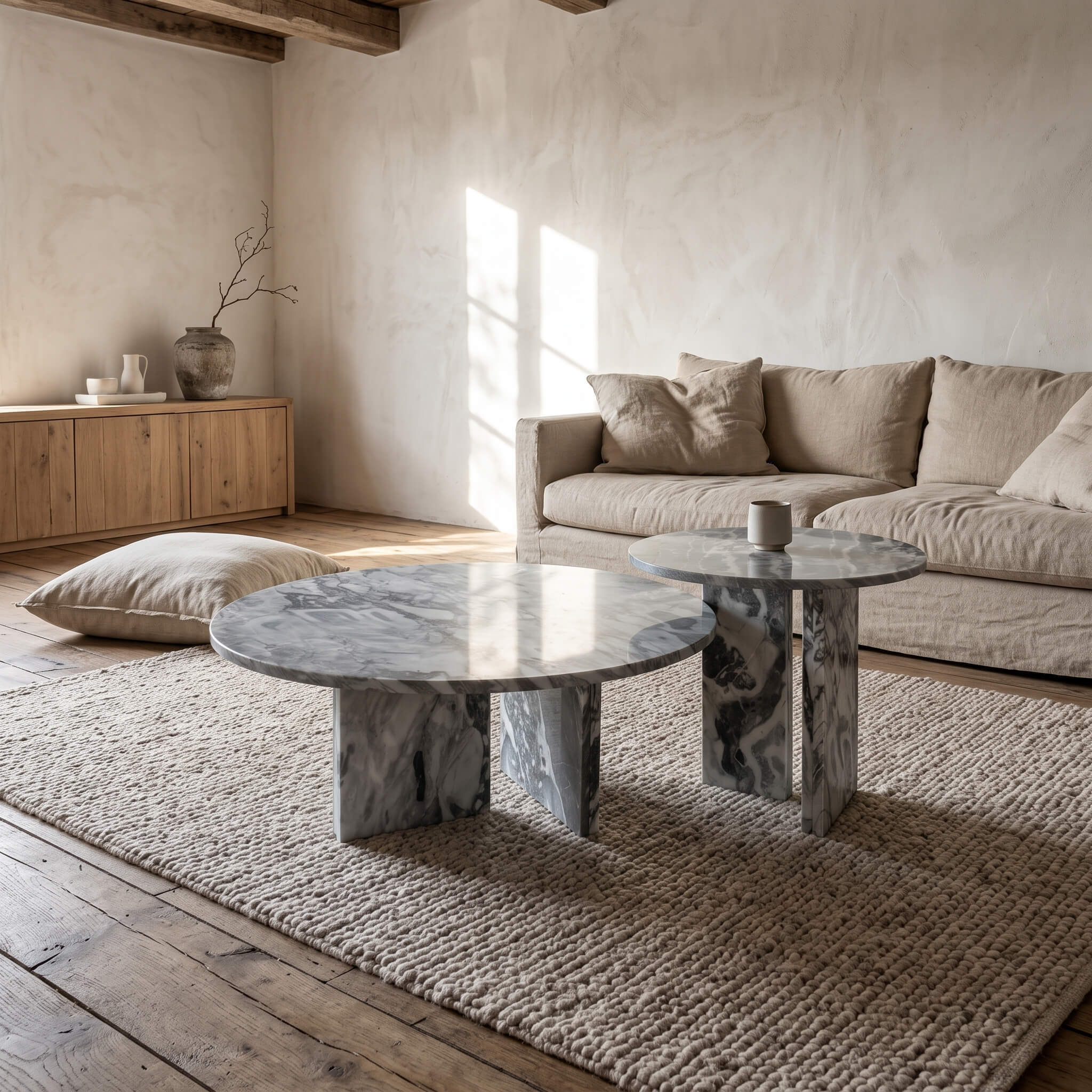 Round blue marble nesting tables highlighting polished natural stone surfaces in a warm minimalist room with a beige sofa.