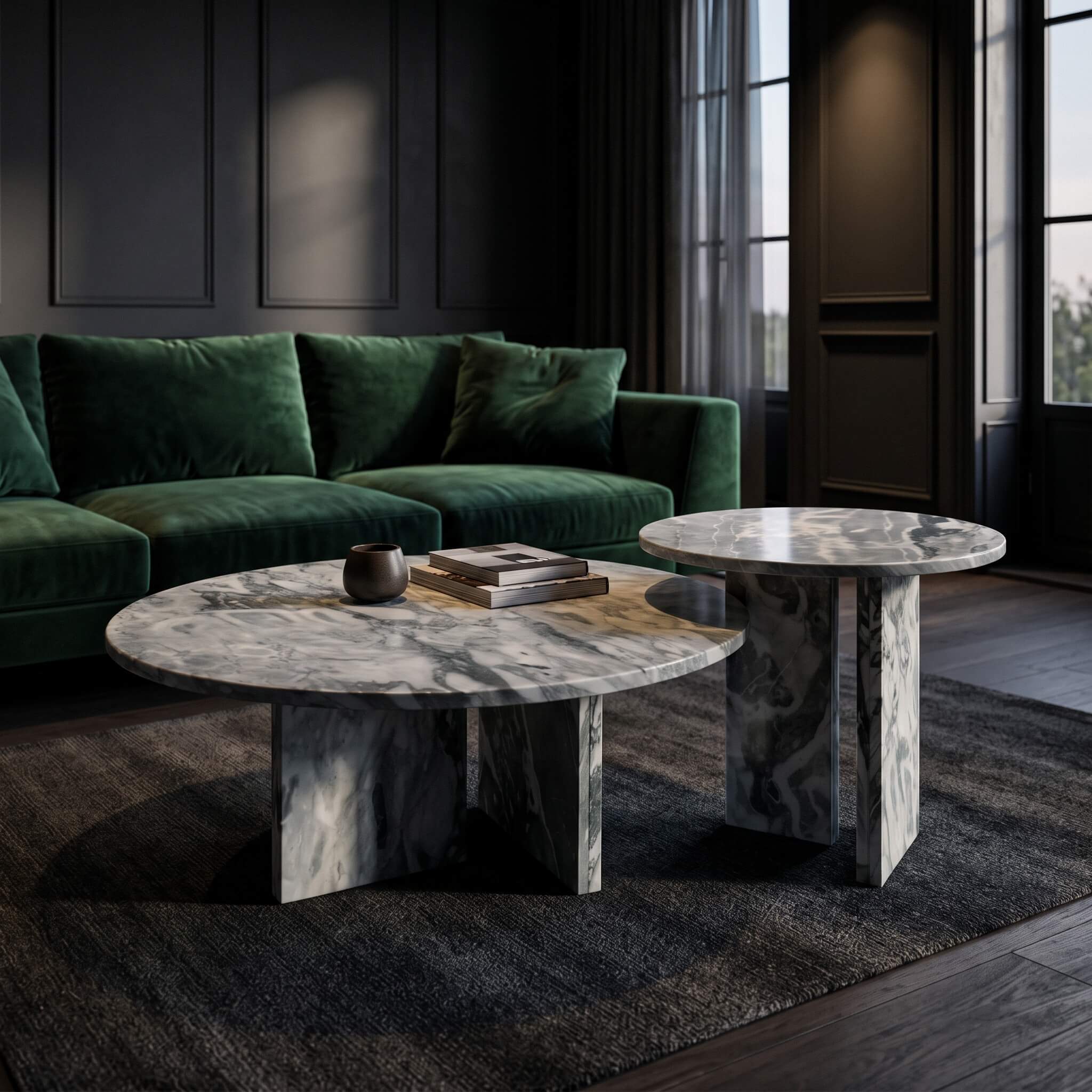 Cloudy blue stone coffee table set with polished round tops positioned next to an emerald green velvet sofa on a dark rug.