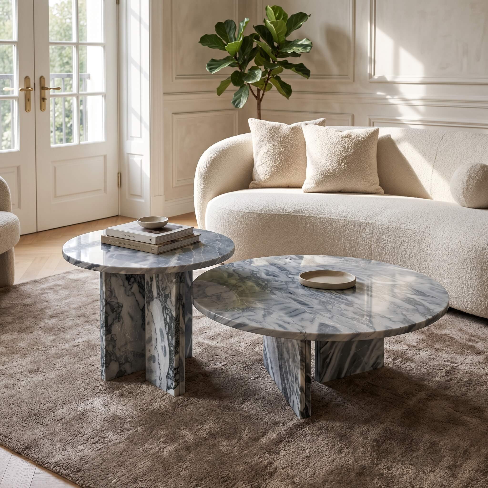 Polished blue stone nesting tables catching warm natural sunlight on a textured brown rug beside a modern curved beige sofa.