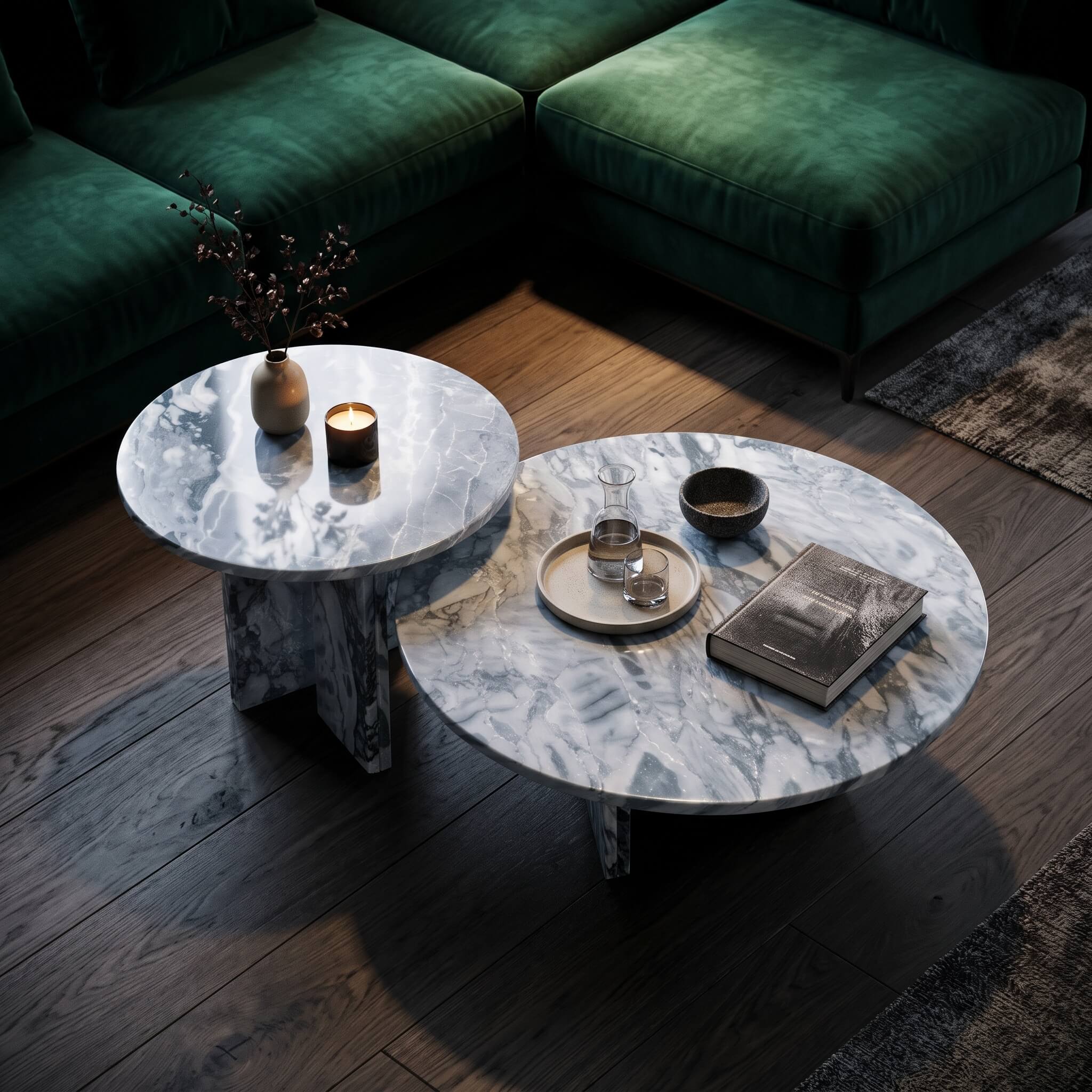 Close-up of a cloudy blue stone center table catching natural sunlight to highlight the polished marble finish and veining.