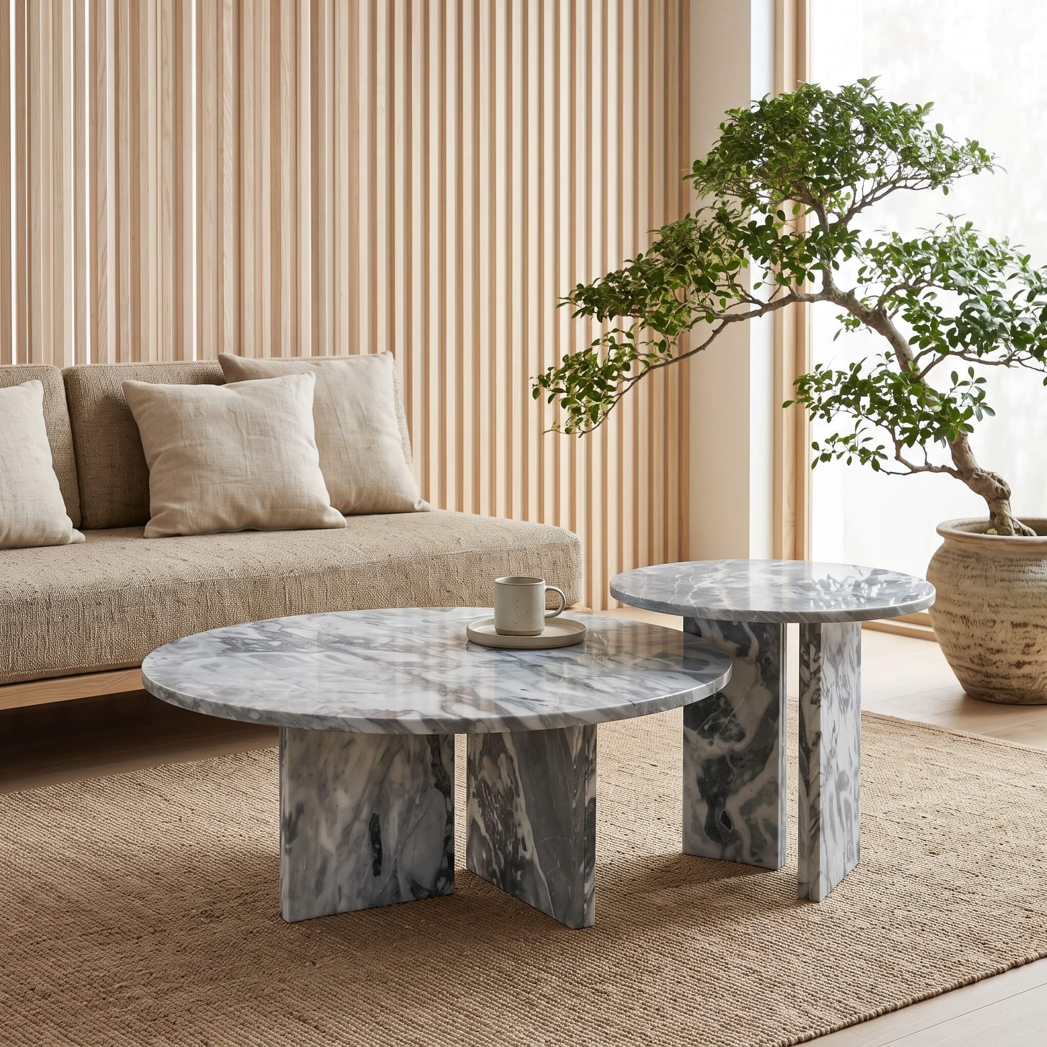 Natural marble center table set in cloudy blue stone styled on a jute rug within a serene Japandi room featuring a bonsai.