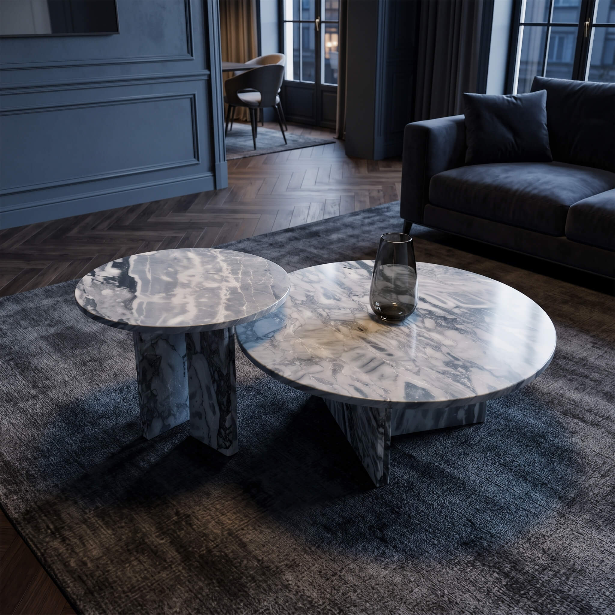 Polished blue marble coffee table set showcasing natural stone veining and geometric upright bases in a dark luxury lounge.