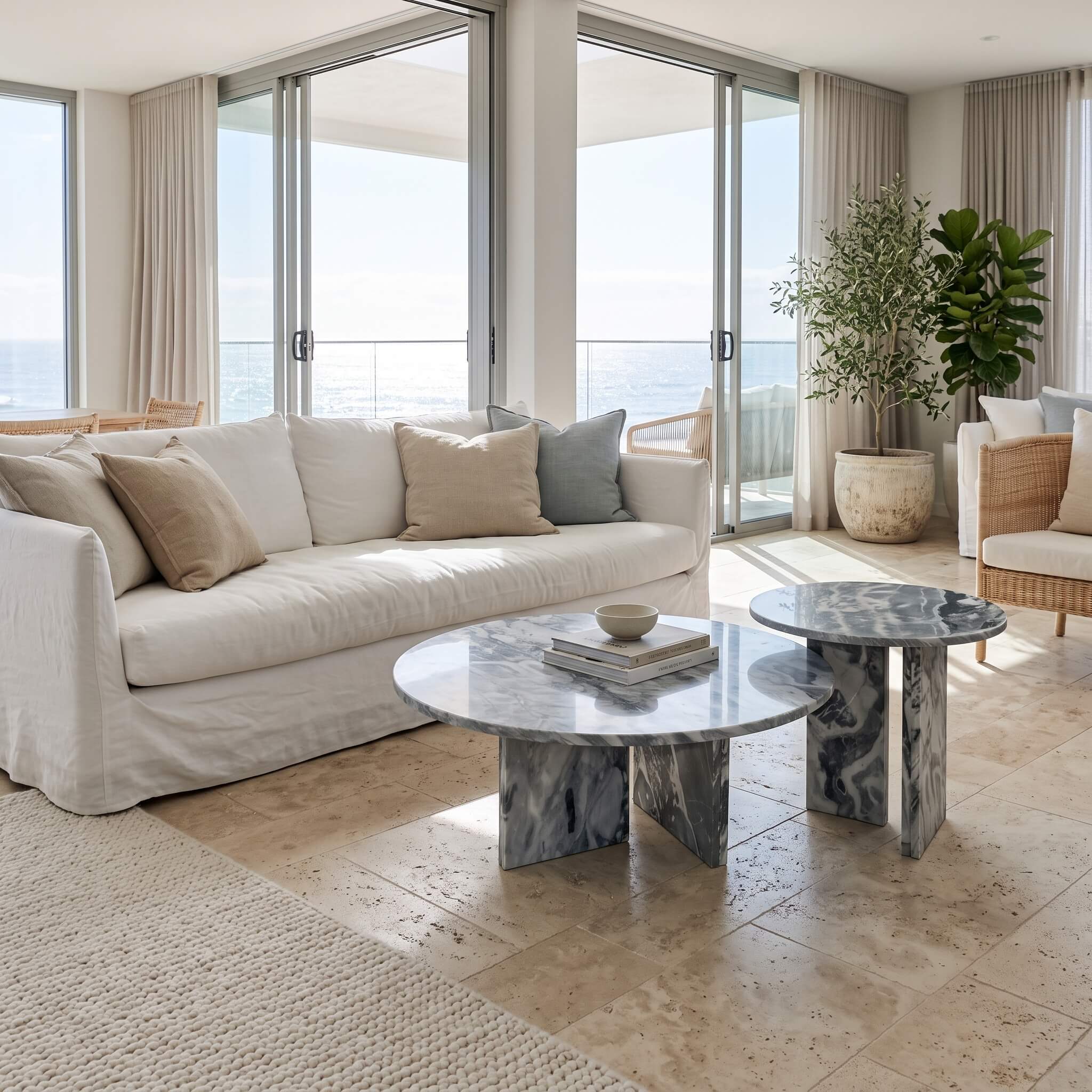 Polished blue stone table set featuring distinct cloudy blue veining in a bright coastal living room overlooking the ocean.
