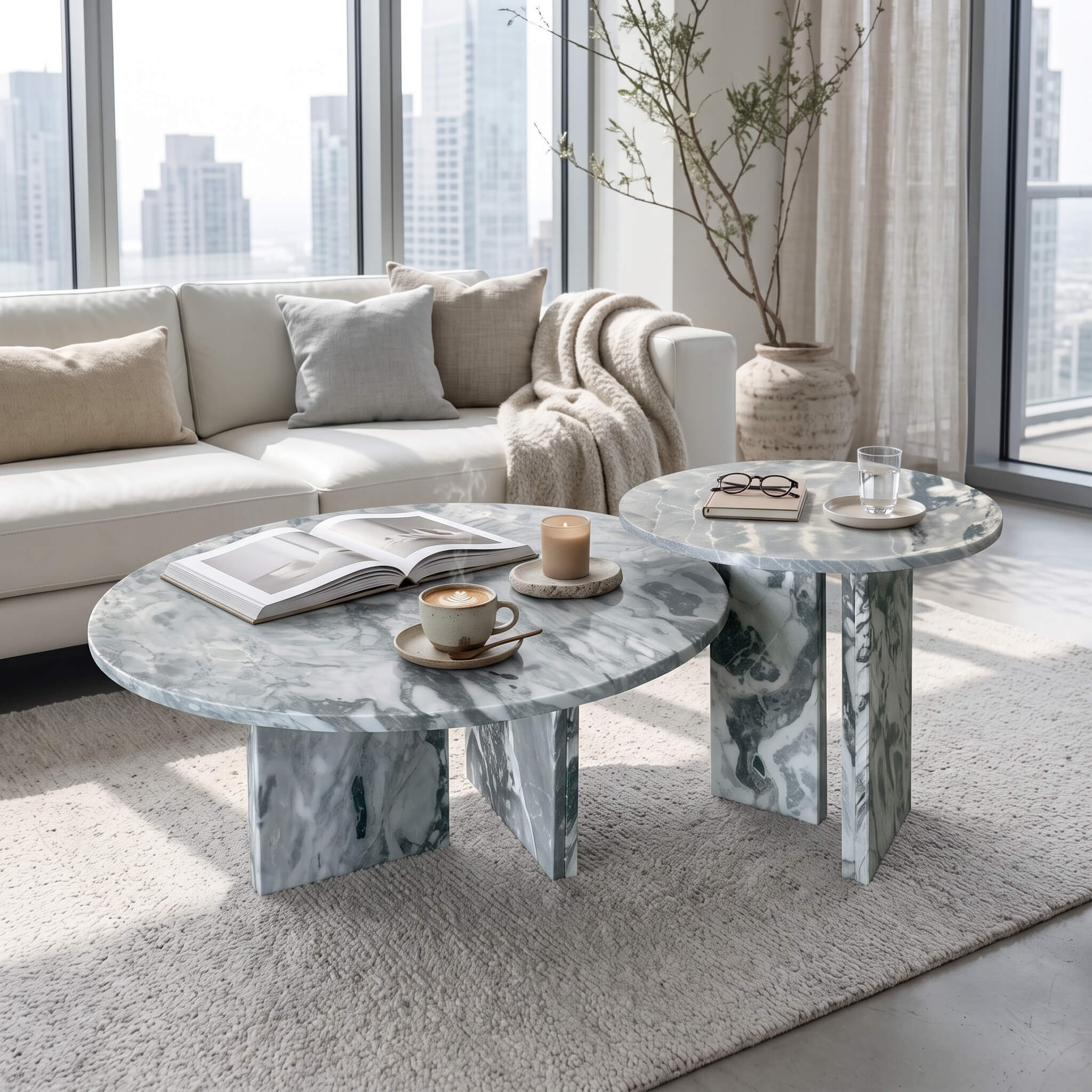Round blue marble table set with upright geometric bases styled in a modern high-rise living room with large bright windows.