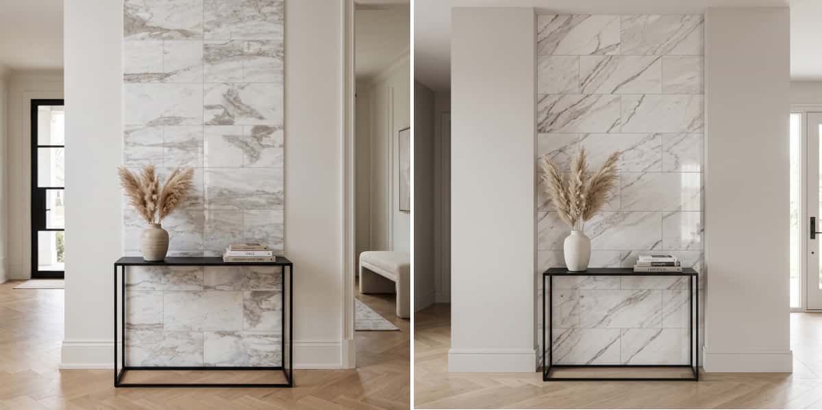 Entryway console table backed by a striking feature wall showcasing natural veining of 12x24 polished white marble tiles.