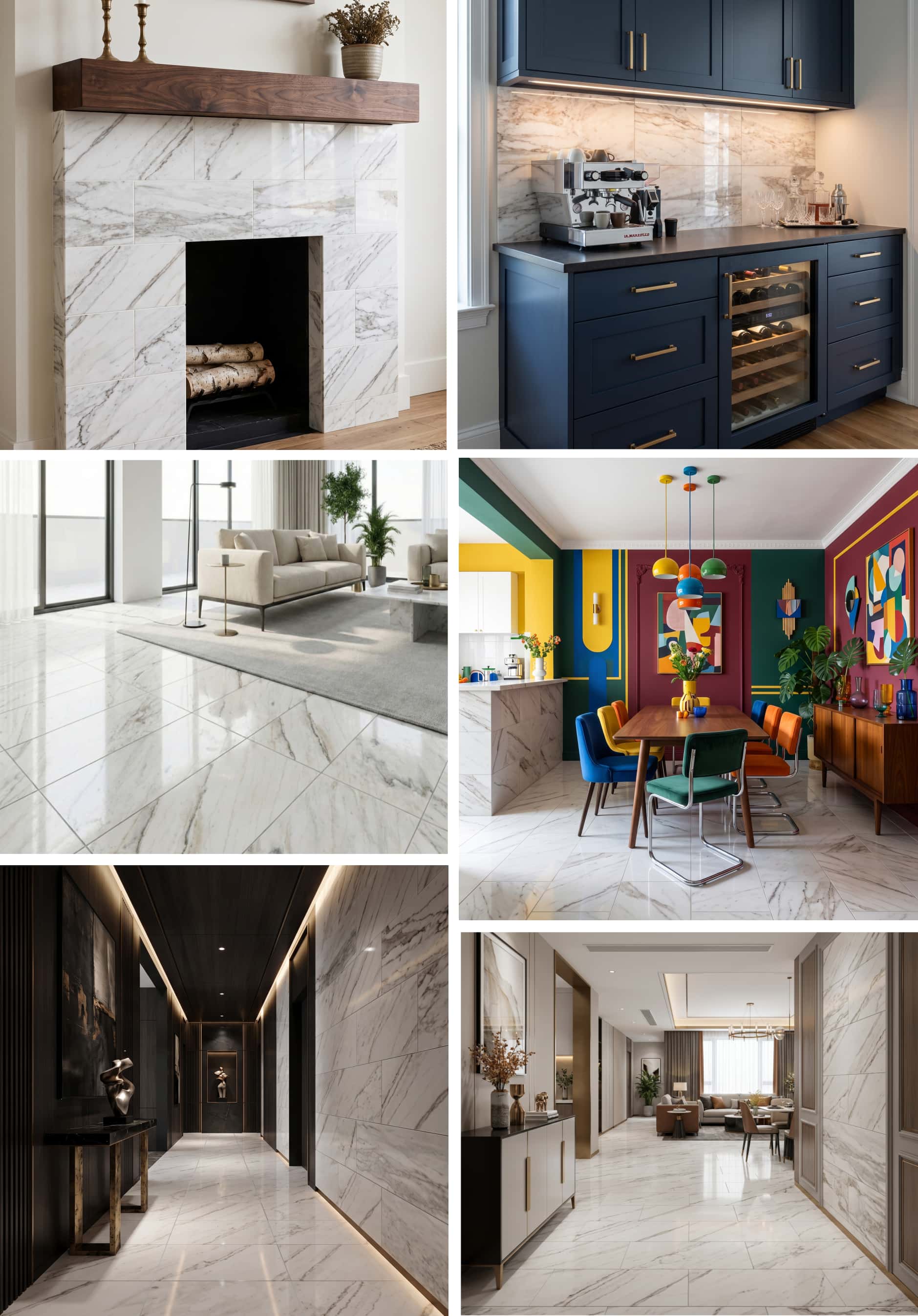 Versatile interior applications of 12x24 Snow Mountain white marble tiles across living rooms, dining areas, and fireplaces.