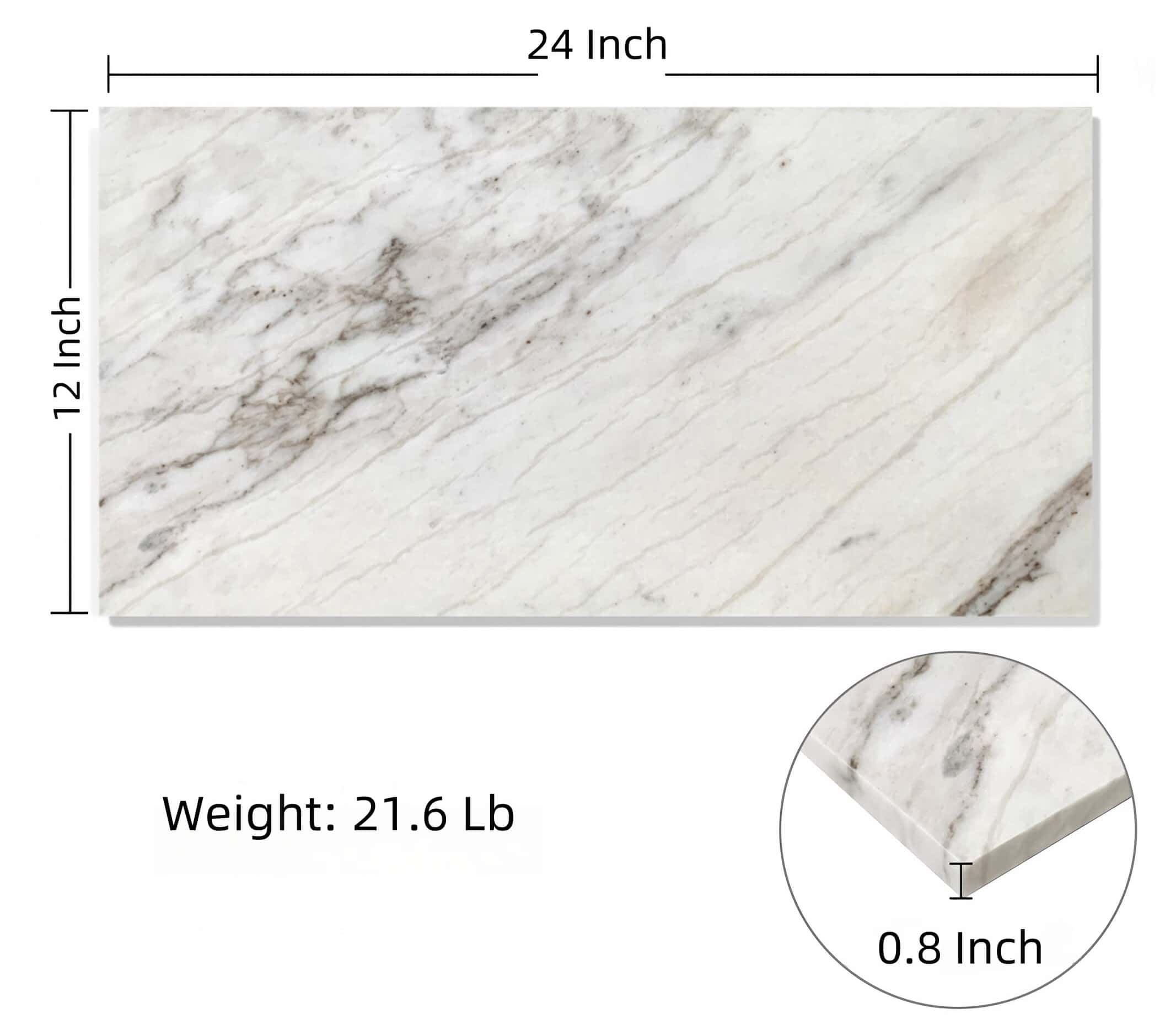 Dimensions of 12x24 inch Snow Mountain white marble tile, highlighting 0.8 inch thickness and 21.6 lb weight per piece.