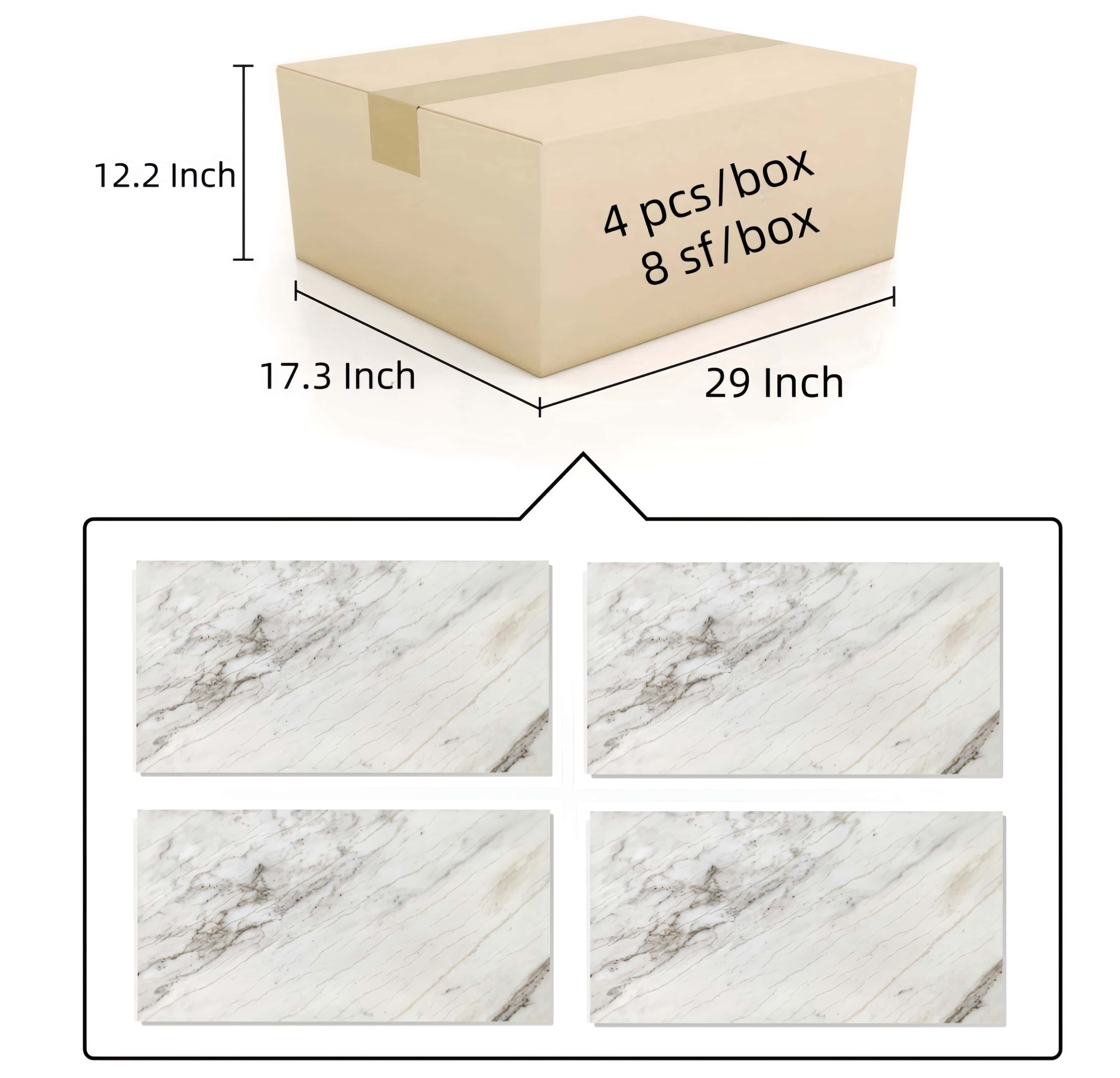 Packaging specifications for 12x24 white marble tiles, showing a heavy-duty box containing 4 pieces covering 8 sq. ft.