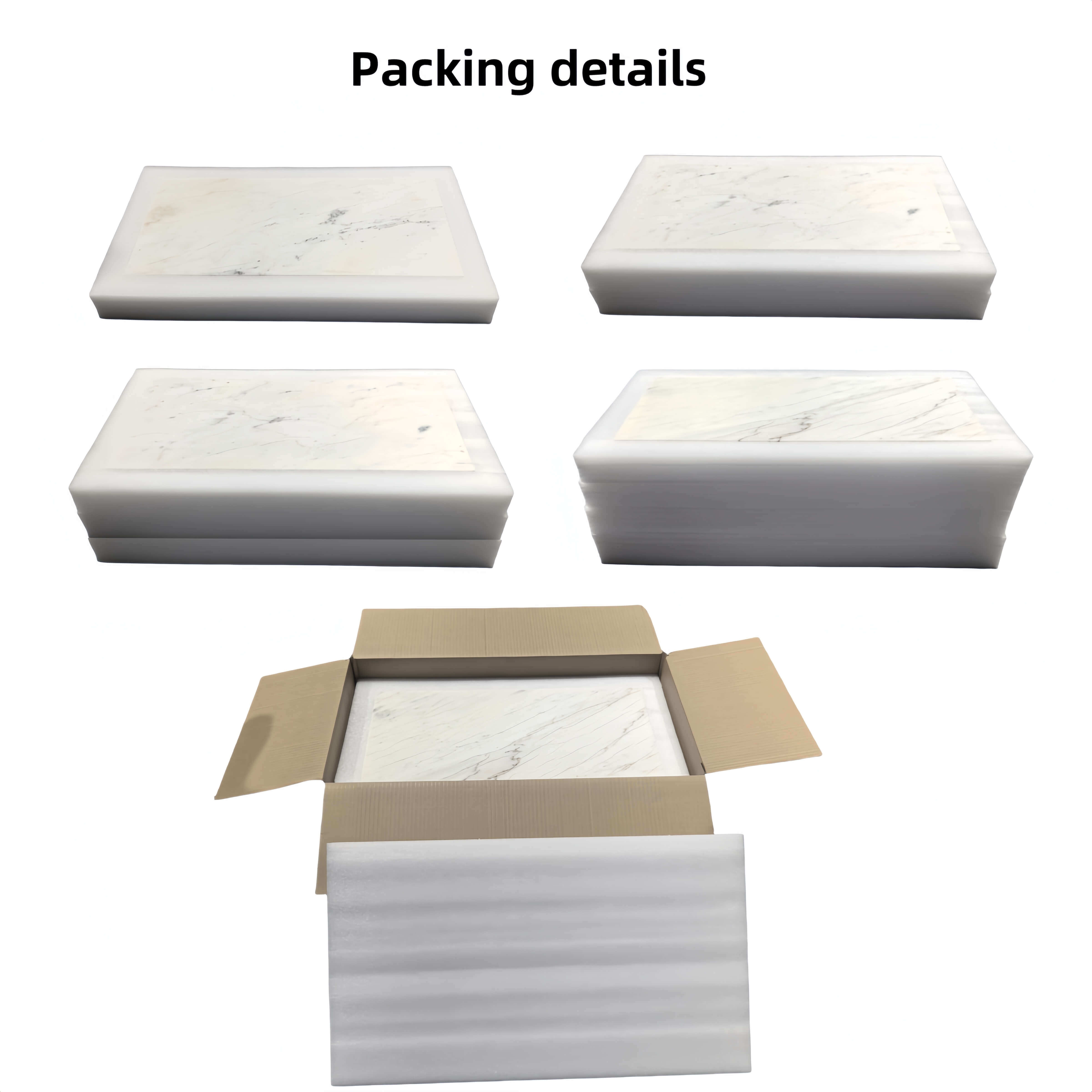 Secure stone tile packaging process, detailing thick protective foam layers to ensure safe delivery of the natural marble.