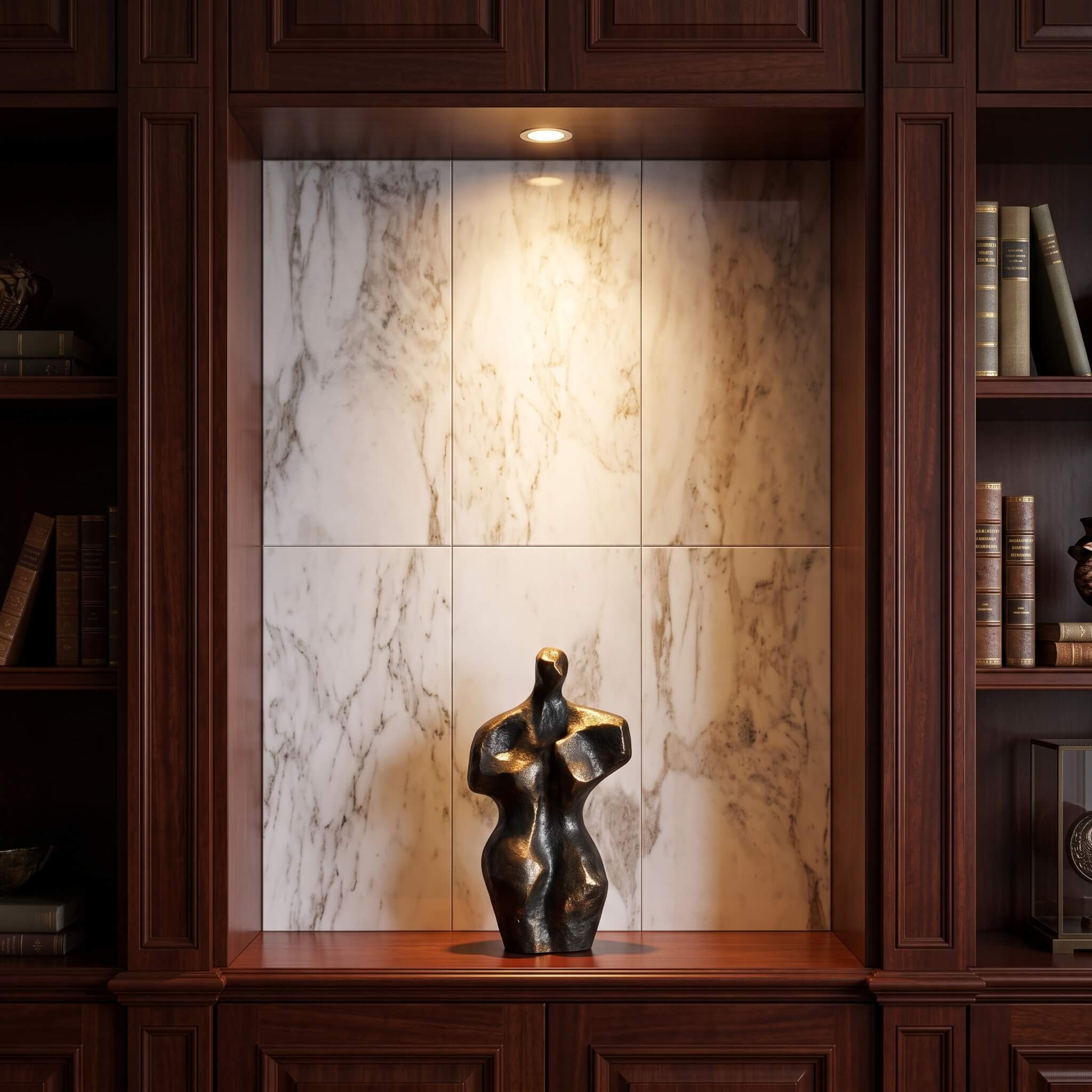 Decorative wooden niche showcasing polished 12x24 Snow Mountain white stone tiles for walls, highlighting a bronze sculpture.