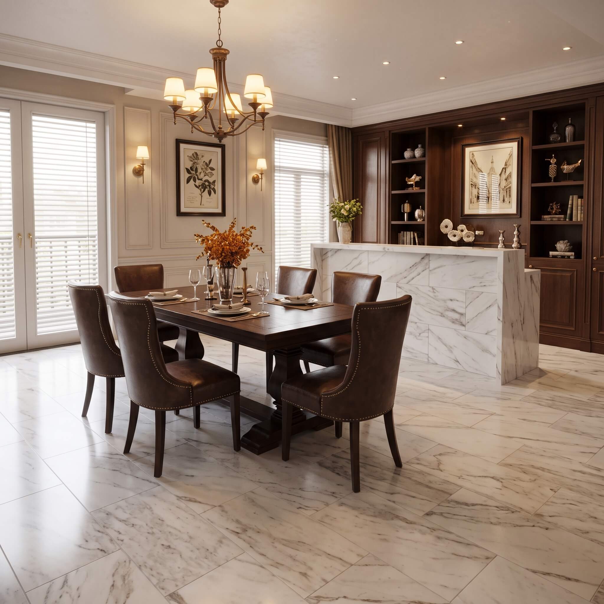 Classic dining room featuring 12x24 Snow Mountain white marble floor tiles and a matching polished natural stone bar counter.