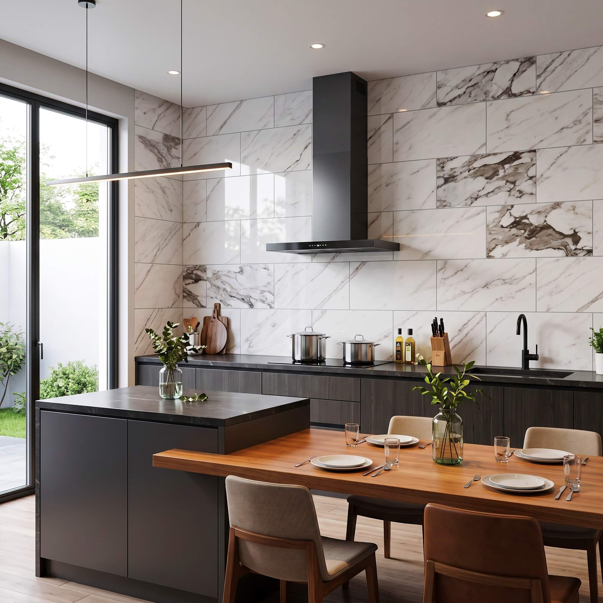 Luxury kitchen featuring Snow Mountain white marble stone tiles for walls, creating an elegant backsplash above dark cabinets.