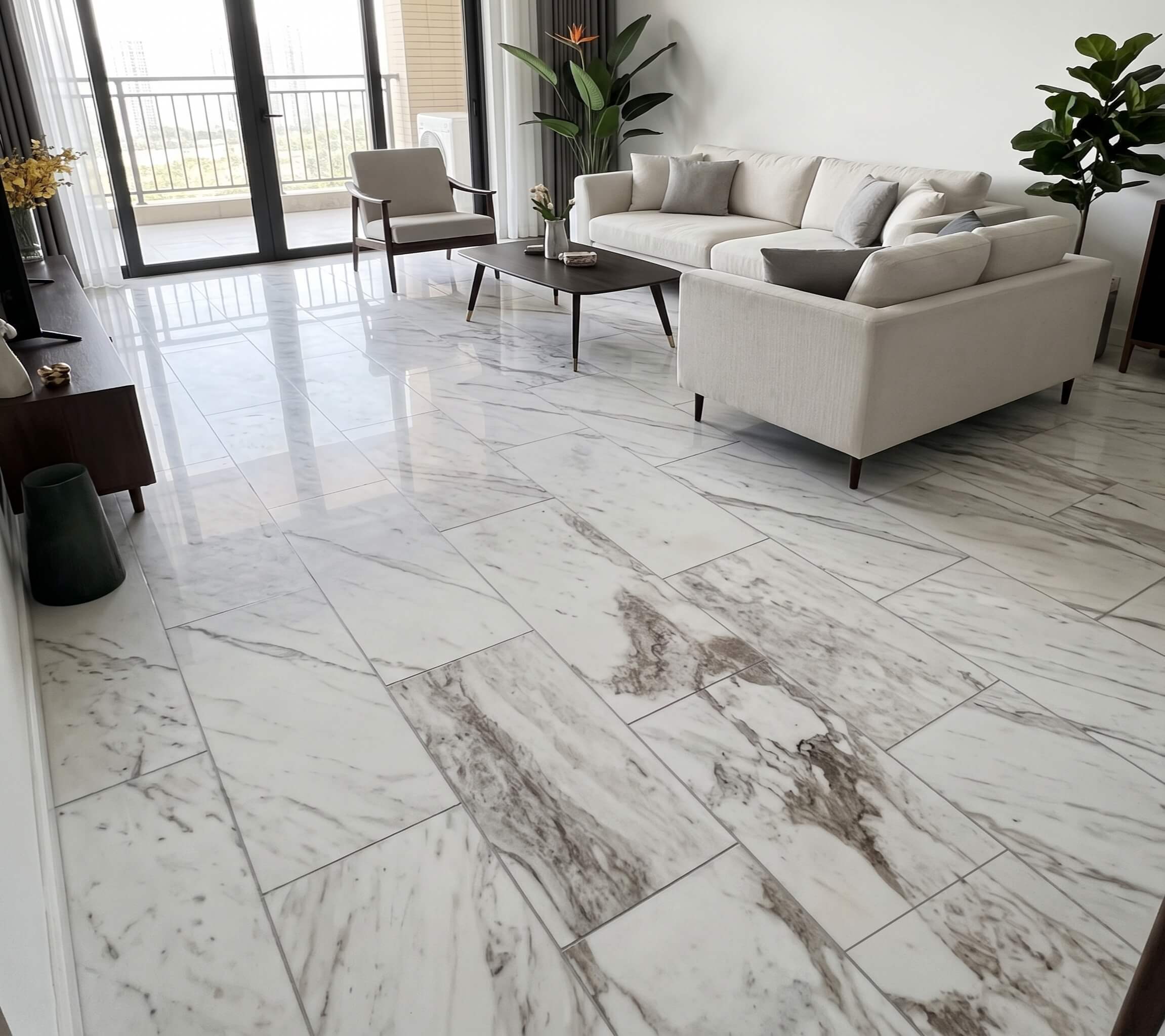 Bright modern living room displaying highly polished 12x24 Snow Mountain white marble floor tiles with grey natural veining.