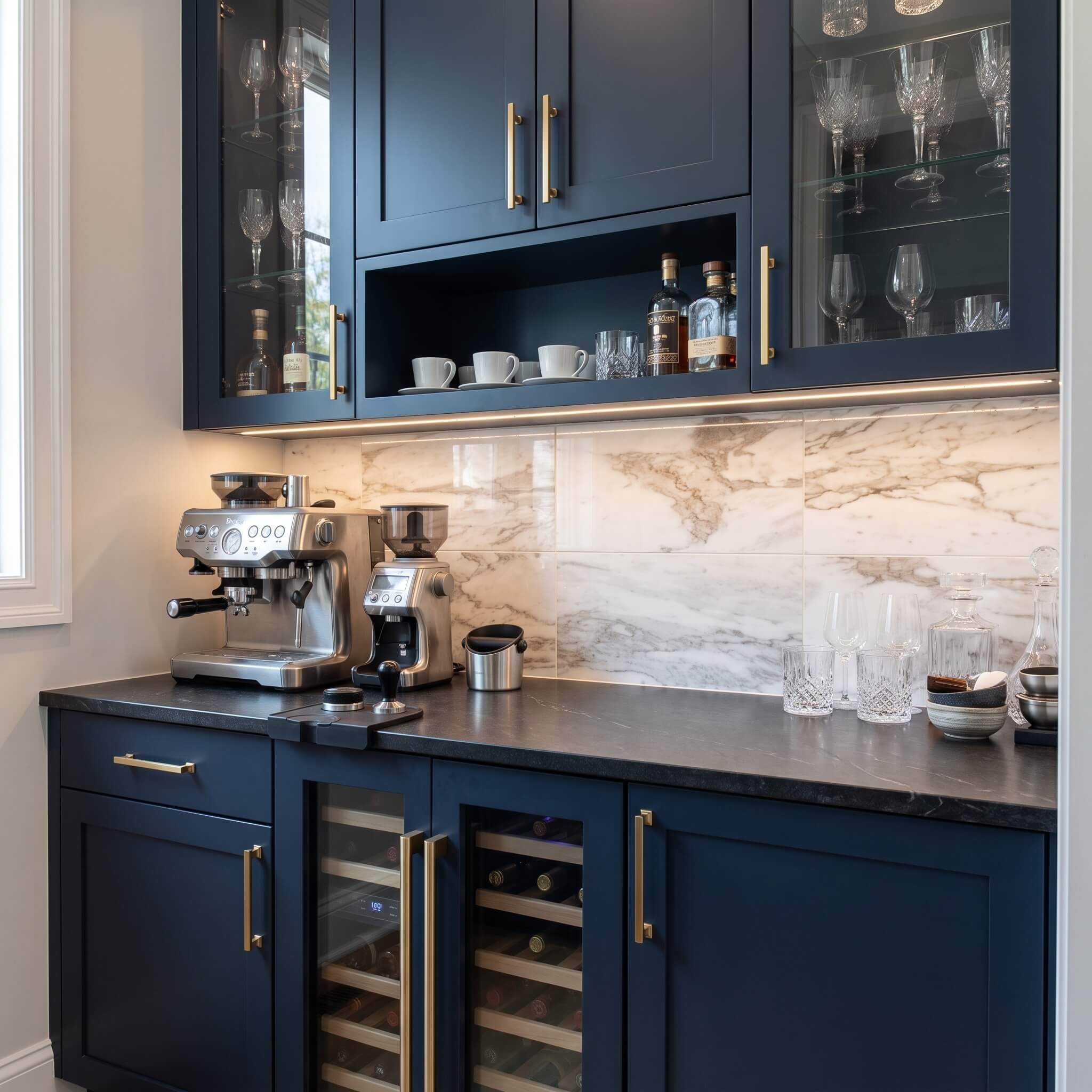 Elegant home bar and coffee station featuring a polished 12x24 Snow Mountain white marble tile backsplash with navy cabinets.