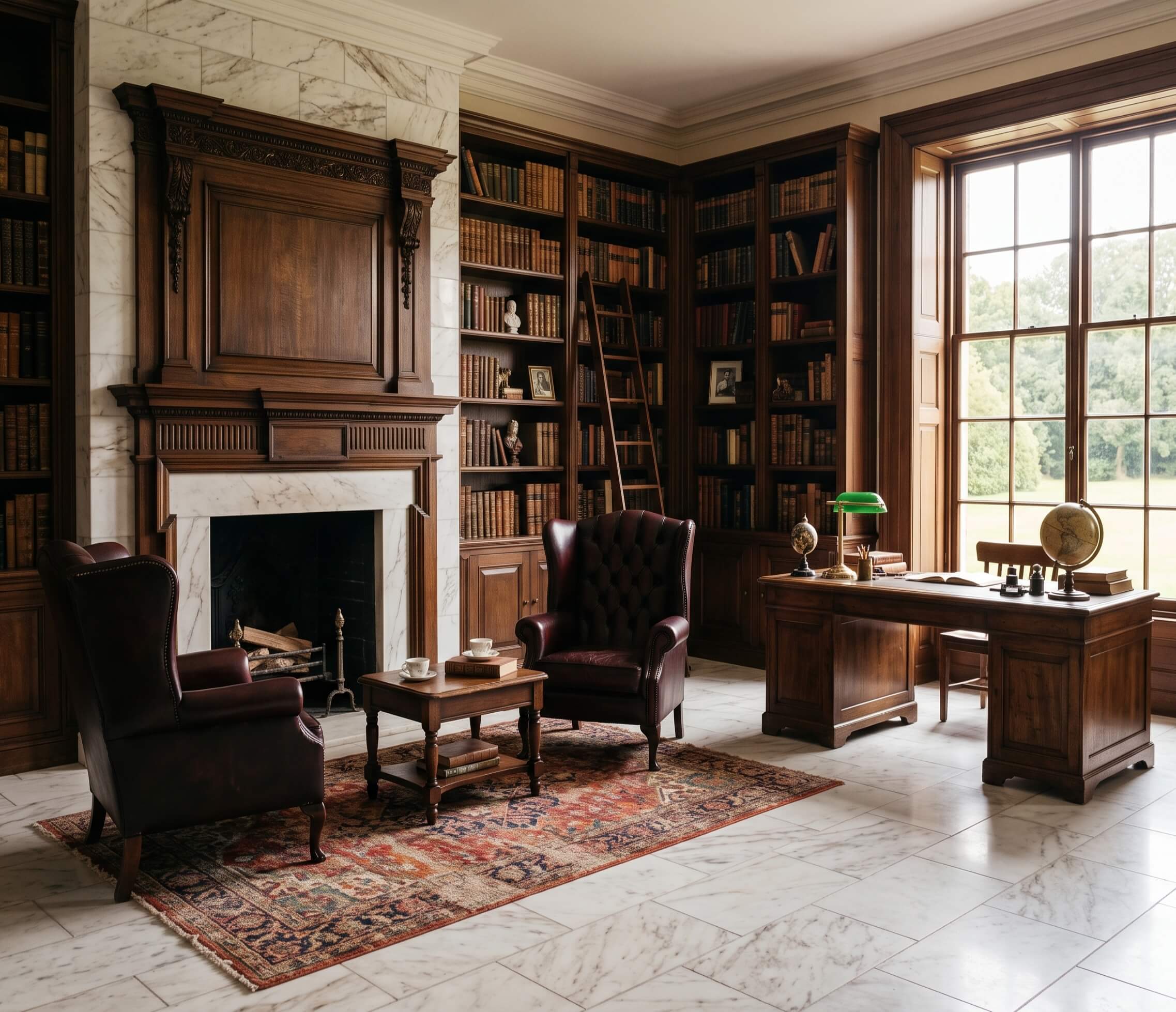 Classic home library featuring 12x24 Snow Mountain white marble floor tiles and a matching polished stone fireplace wall.