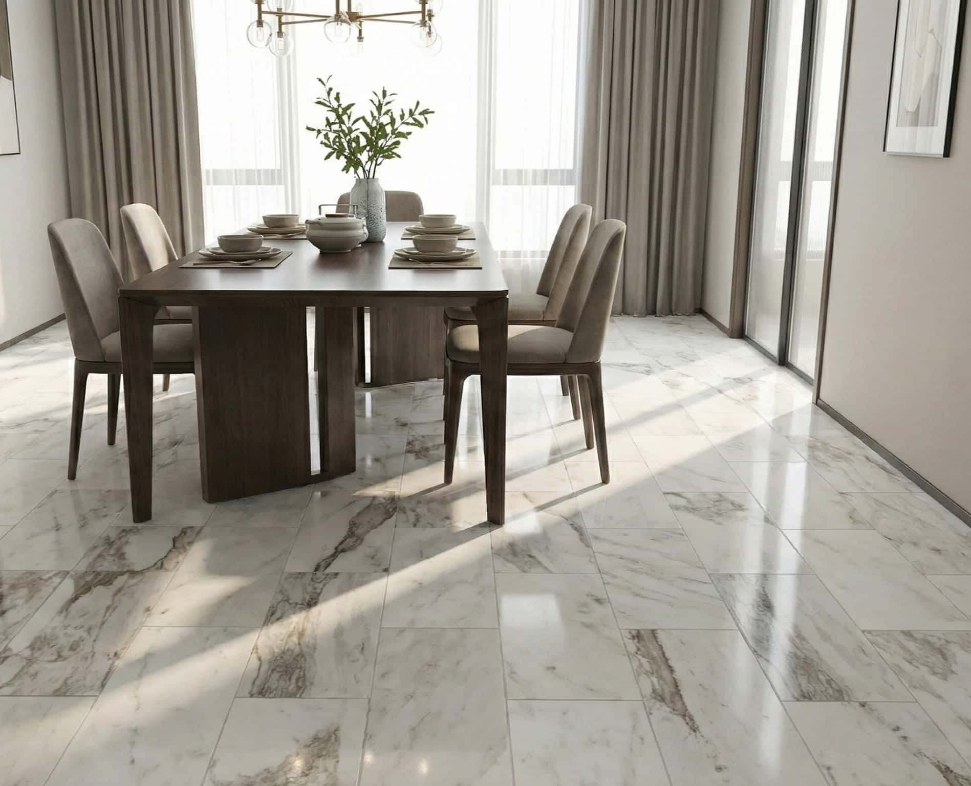 Bright modern dining room showcasing 12x24 Snow Mountain white marble polished tiles on the floor in natural sunlight.
