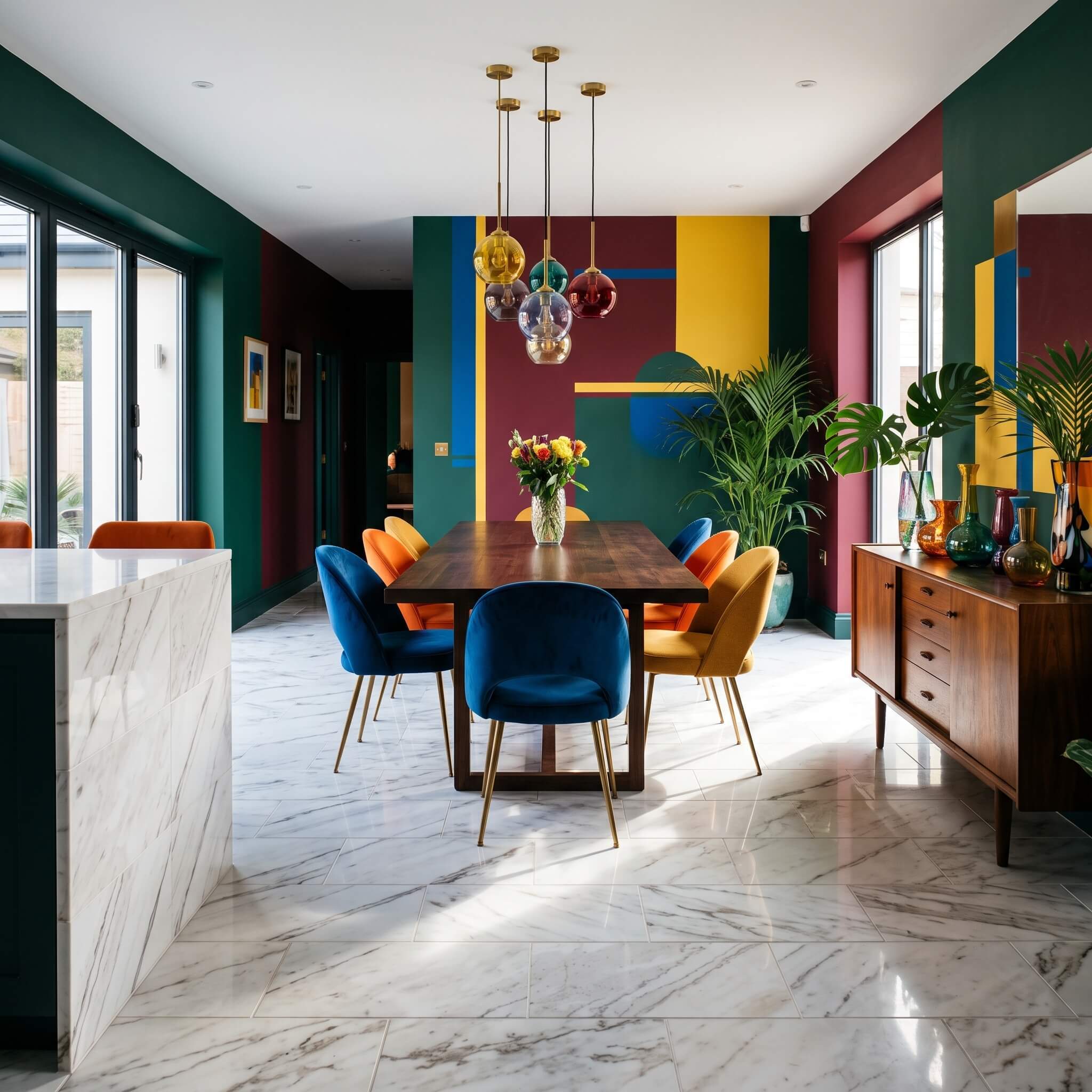 Eclectic colorful dining room grounded by luxury 12x24 Snow Mountain white marble floor tiles with a high-gloss finish.