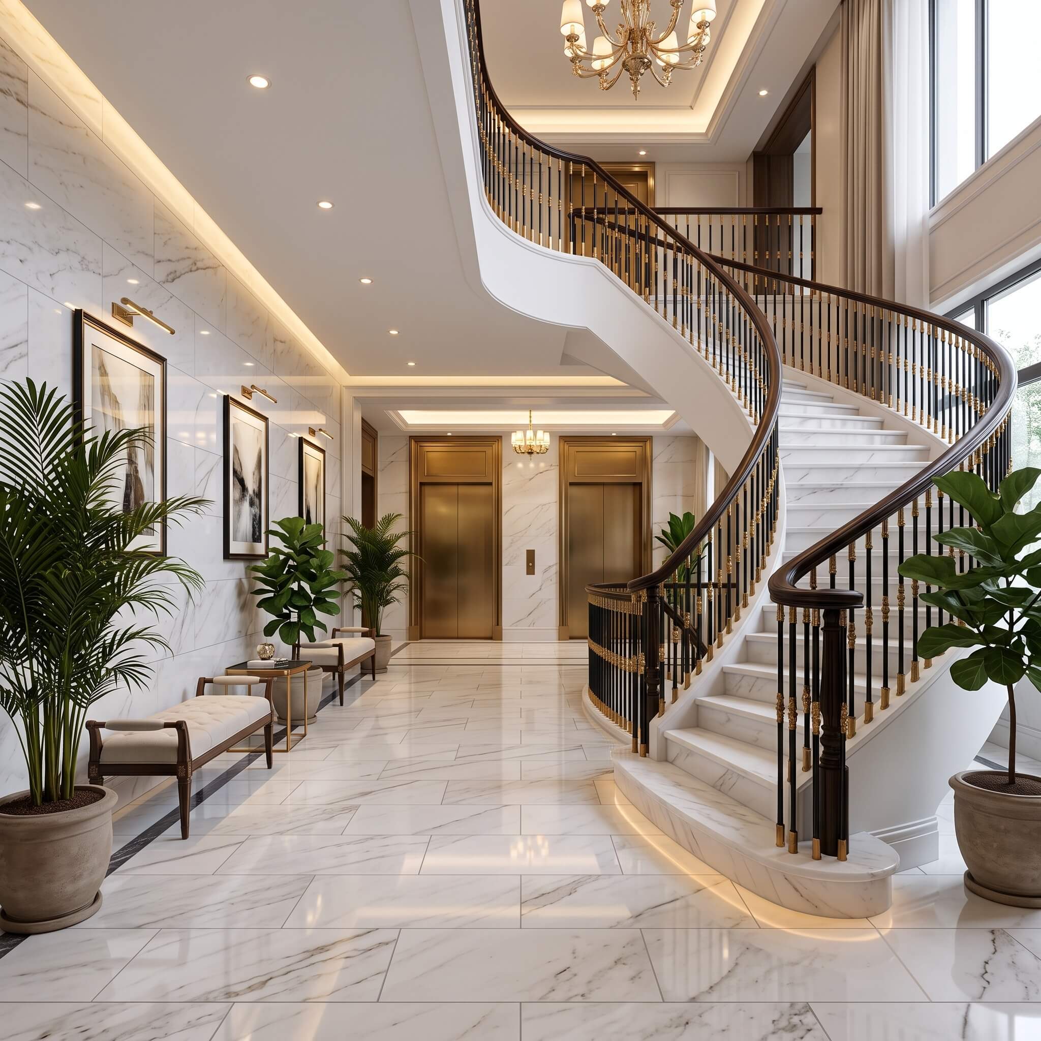 Expansive luxury lobby and staircase showcasing 12x24 polished Snow Mountain white marble tiles on the walls and floor.