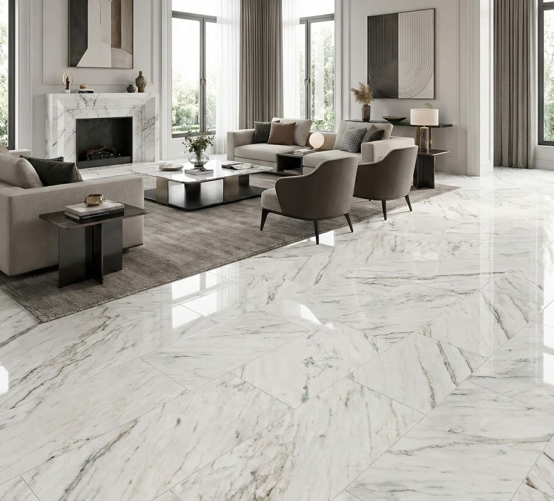Expansive modern living room showcasing high-gloss 12x24 Snow Mountain white marble floor tiles and a stone fireplace.