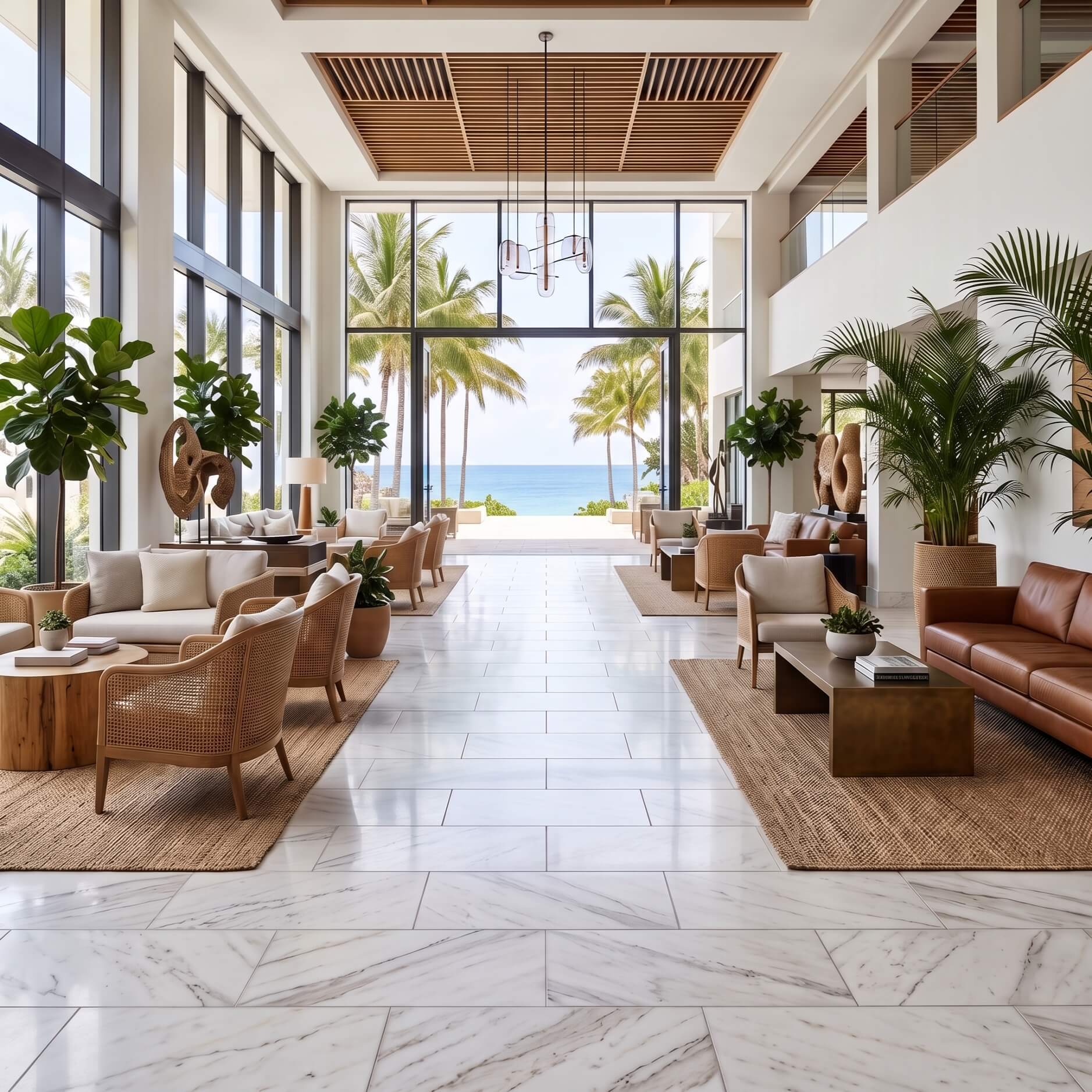 Expansive luxury lobby boasting 12x24 polished white marble stone on the floor, perfectly complementing a tropical ocean view.