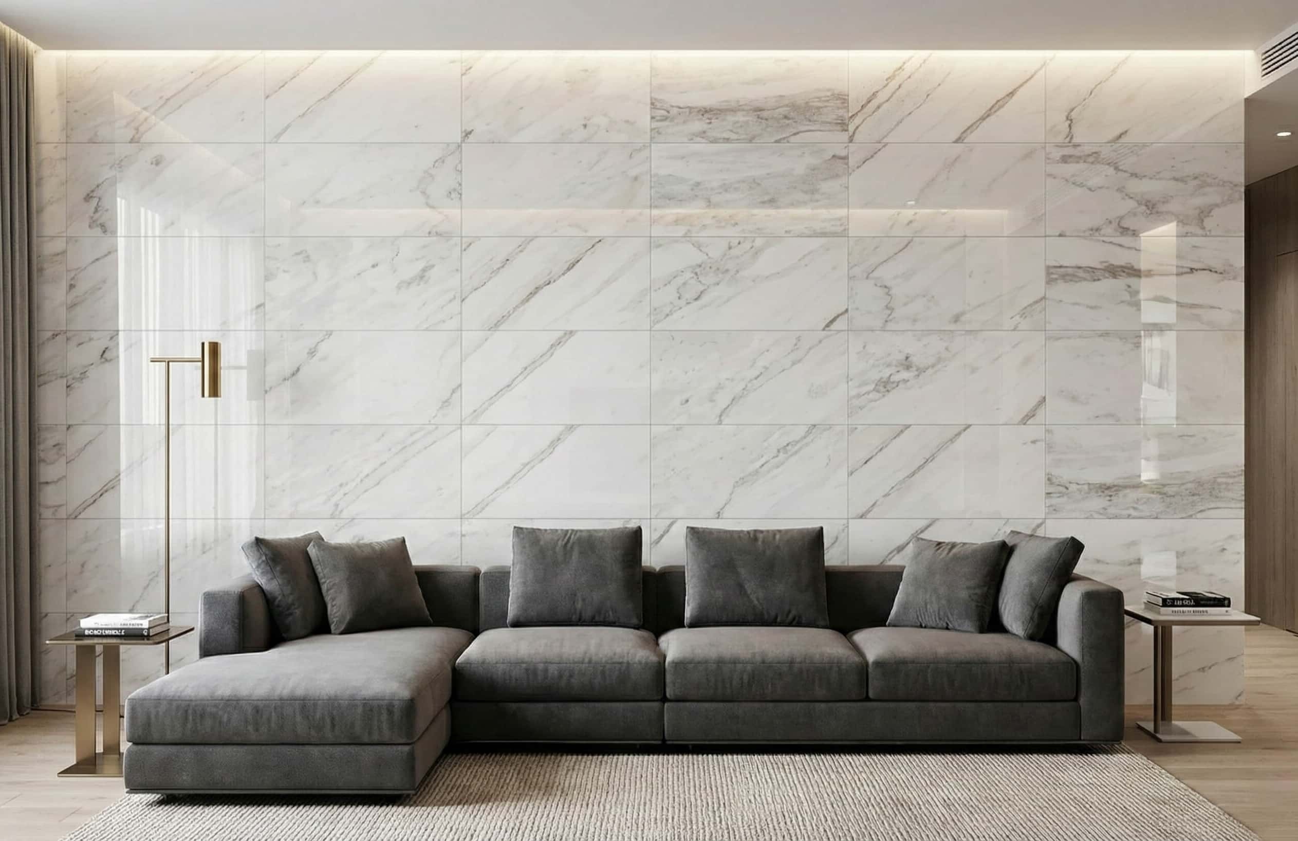 Modern living room featuring a massive accent wall clad in 12x24 polished Snow Mountain white marble natural stone tiles.