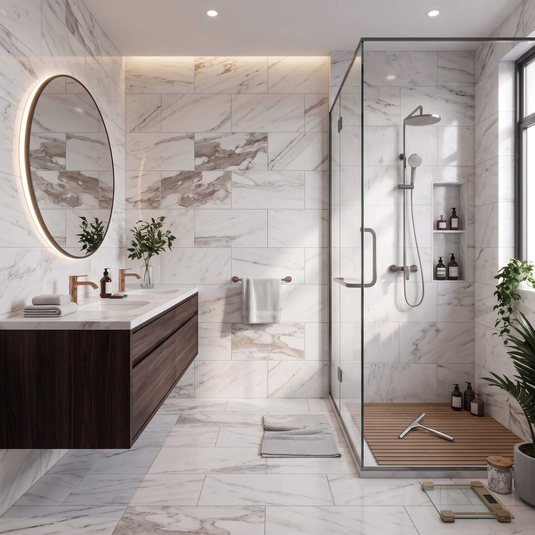 Modern bathroom featuring 12x24 Snow Mountain white marble tiles on the floor and walls, highlighting a luxury glass shower.