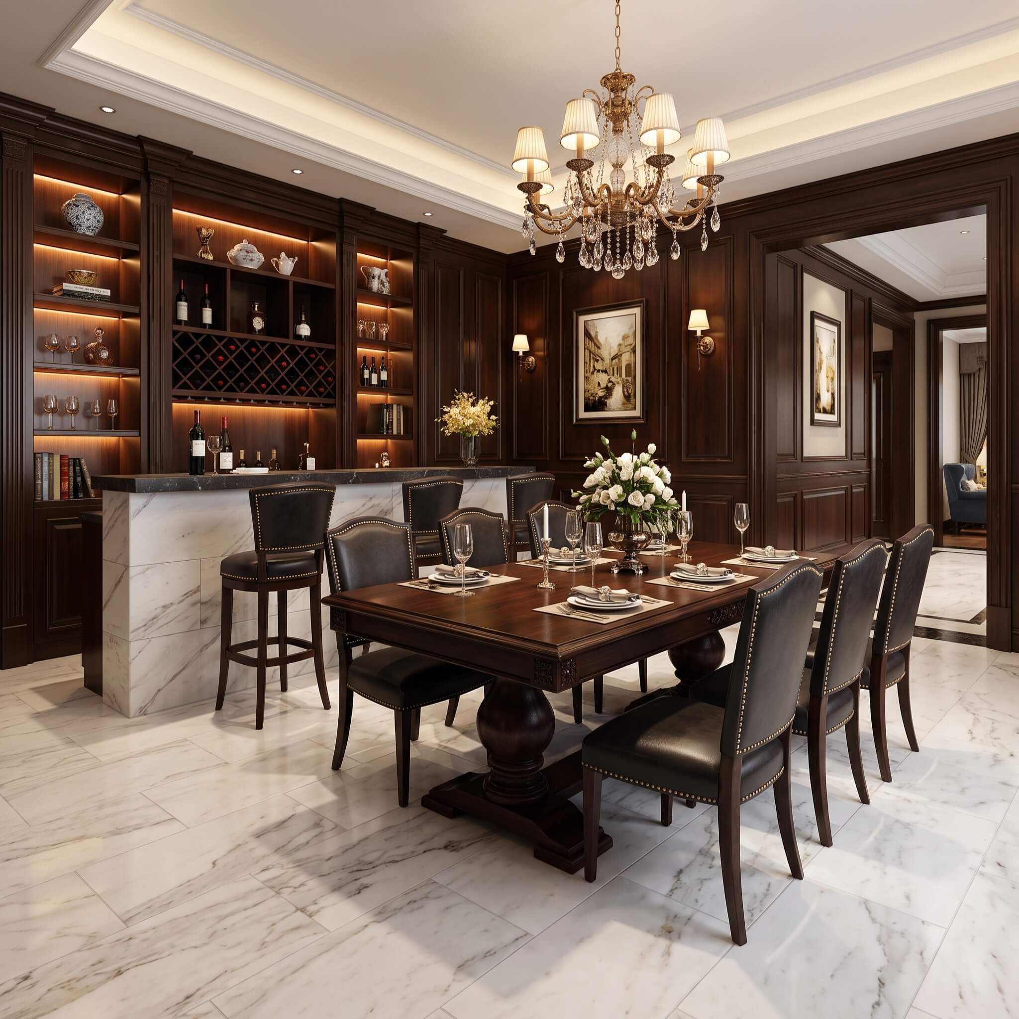 Luxury dark wood dining room featuring 12x24 Snow Mountain white marble floor tiles and a polished natural stone bar.