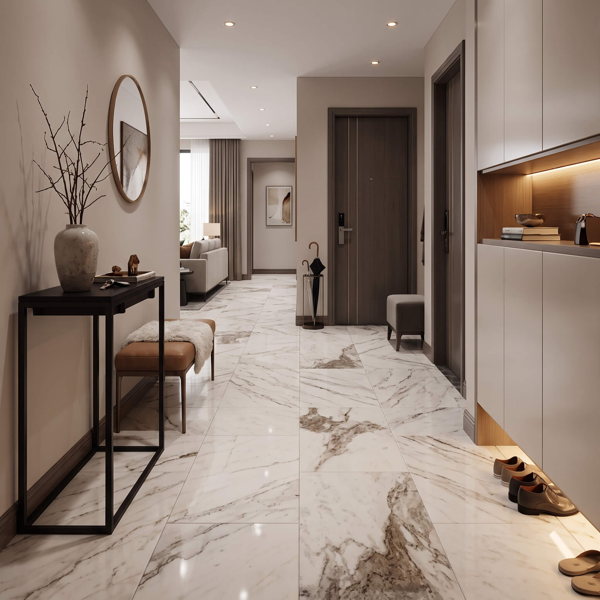 Sophisticated entryway featuring 12x24 Snow Mountain white stone floor tiles, offering a bright and welcoming luxury space.