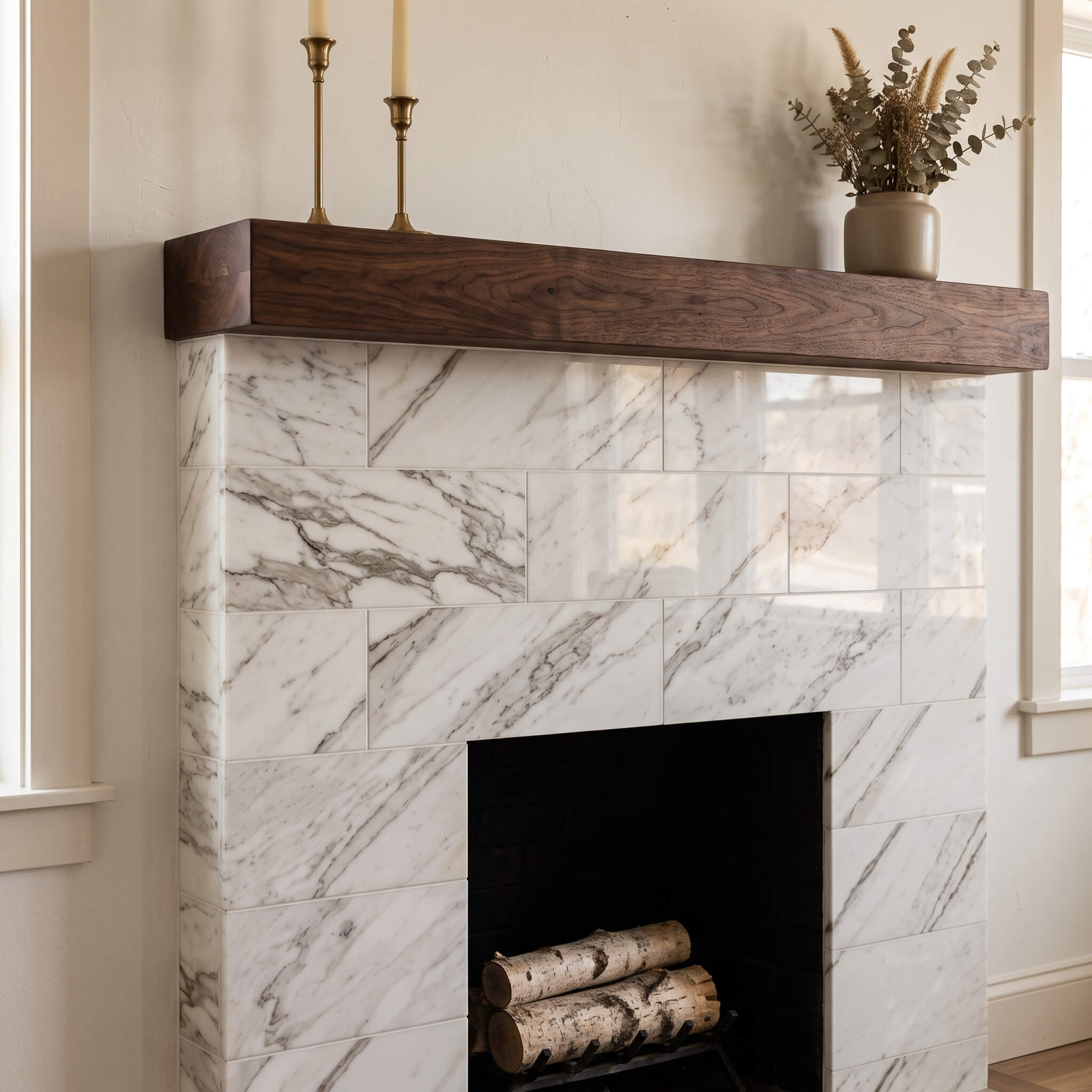 Beautiful white stone fireplace wall clad in 12x24 polished Snow Mountain marble tiles, accented by a solid wood mantelpiece.