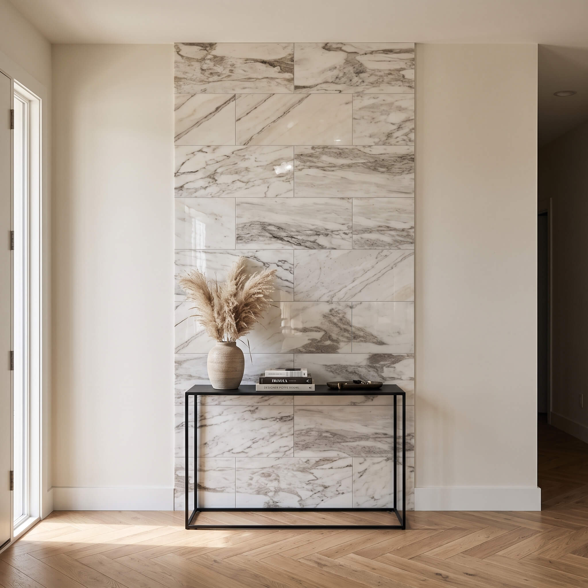 Minimalist entryway featuring an elegant accent wall clad in 12x24 polished Snow Mountain white natural stone tiles.