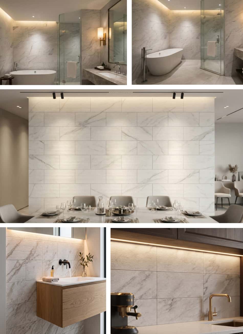 Collage of interior scenes showcasing Snow Mountain White FS textured marble wall tiles in kitchen and bath settings.