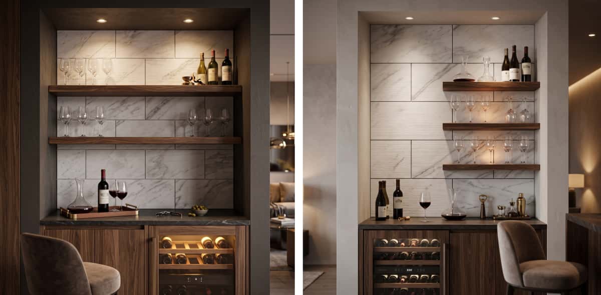 Design comparison of a home bar showing Snow Mountain White FS textured marble tiles with warm under-cabinet lighting.