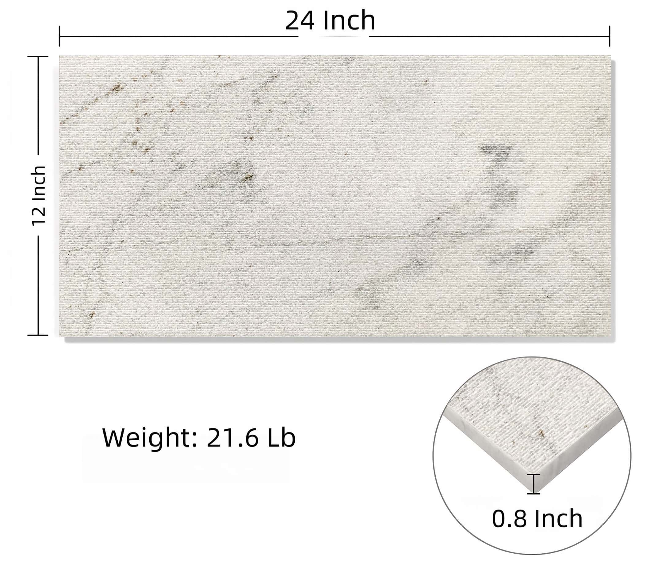 Dimension details for 12x24 inch FS textured Snow Mountain White marble tile, noting 0.8 inch thickness & 21.6 Lb weight.