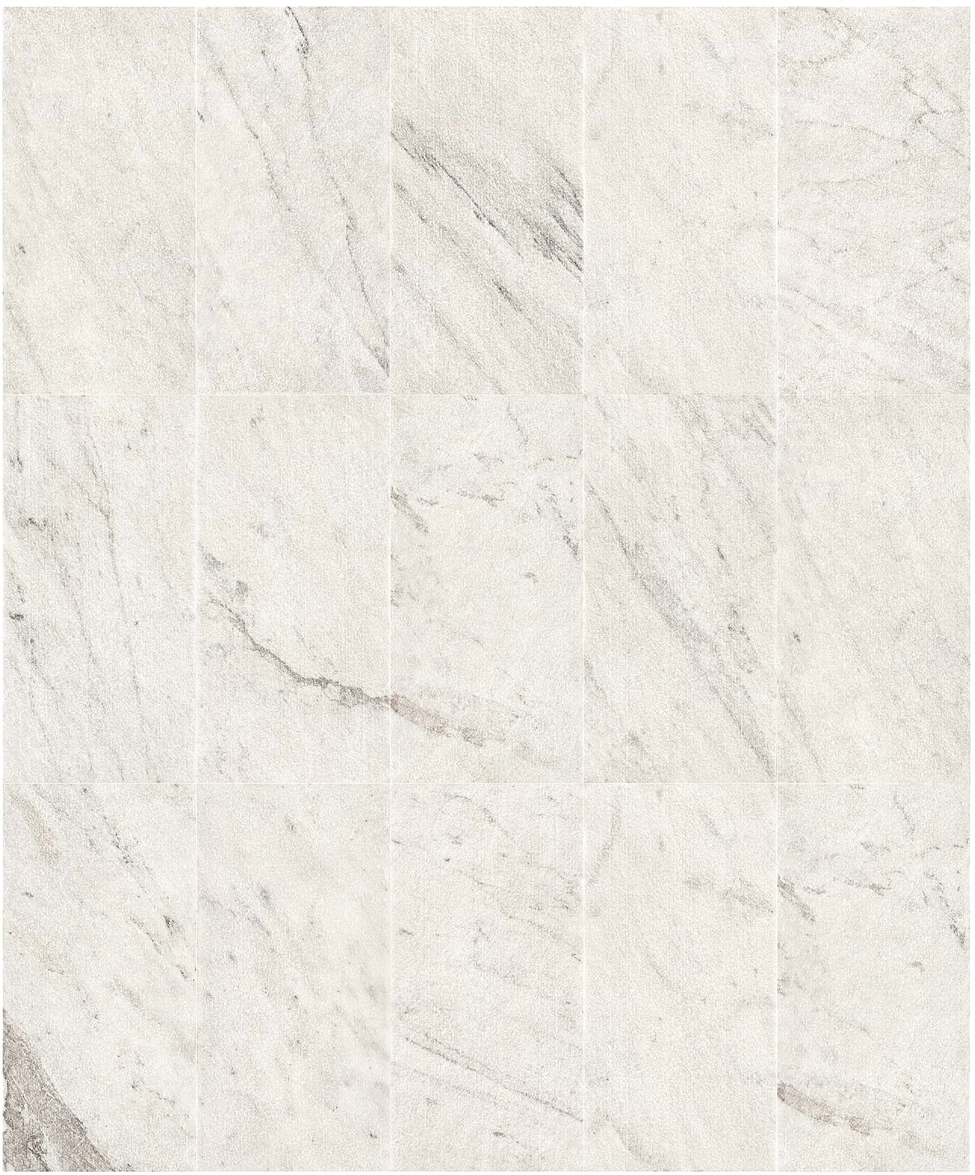 Seamless installation pattern of Snow Mountain White FS textured marble wall tiles, showing natural variation & grain.
