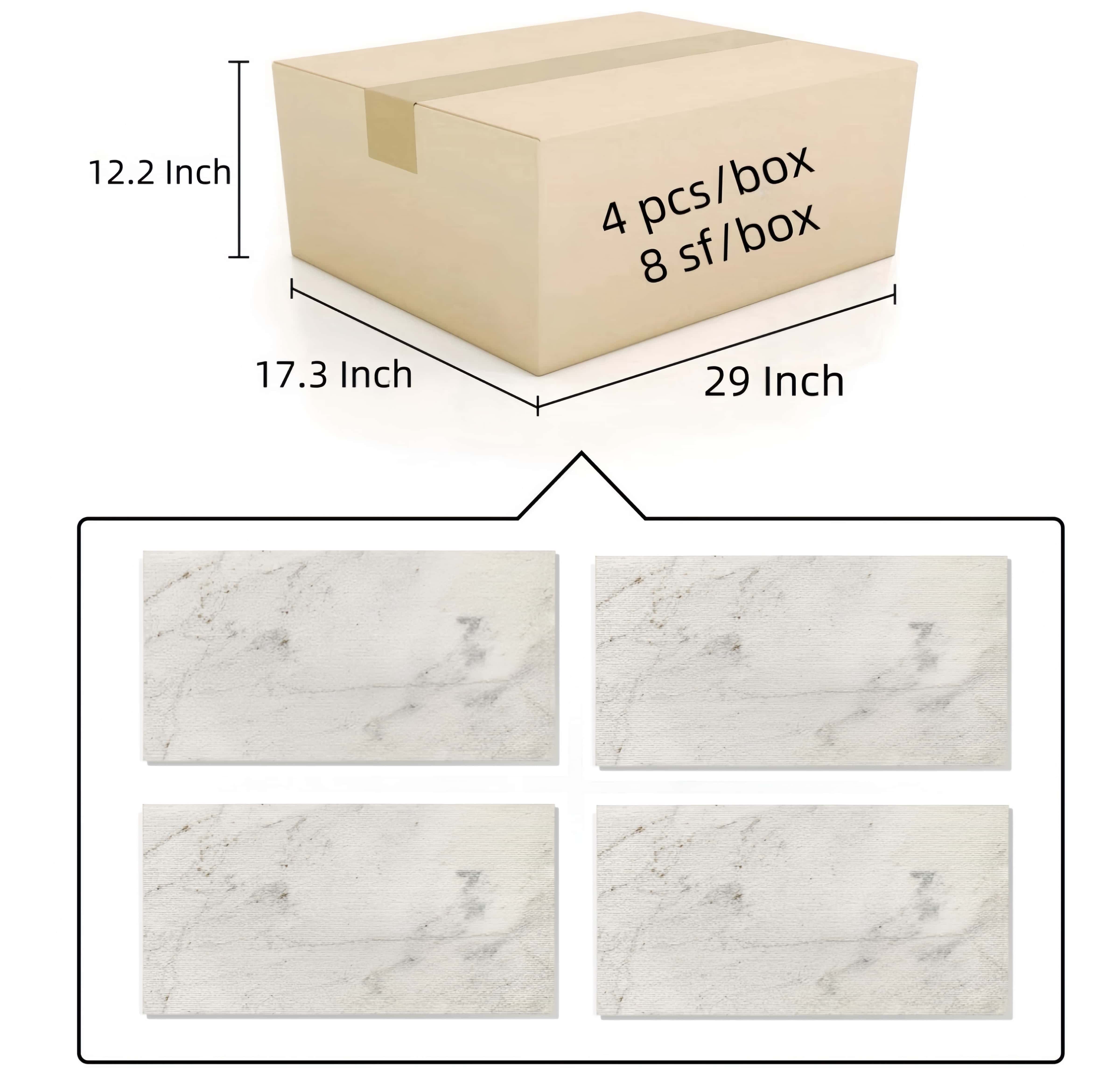 Packaging infographic for a 12.2x17.3x29 inch box holding 4 pieces of Snow Mountain White FS textured marble wall tile.