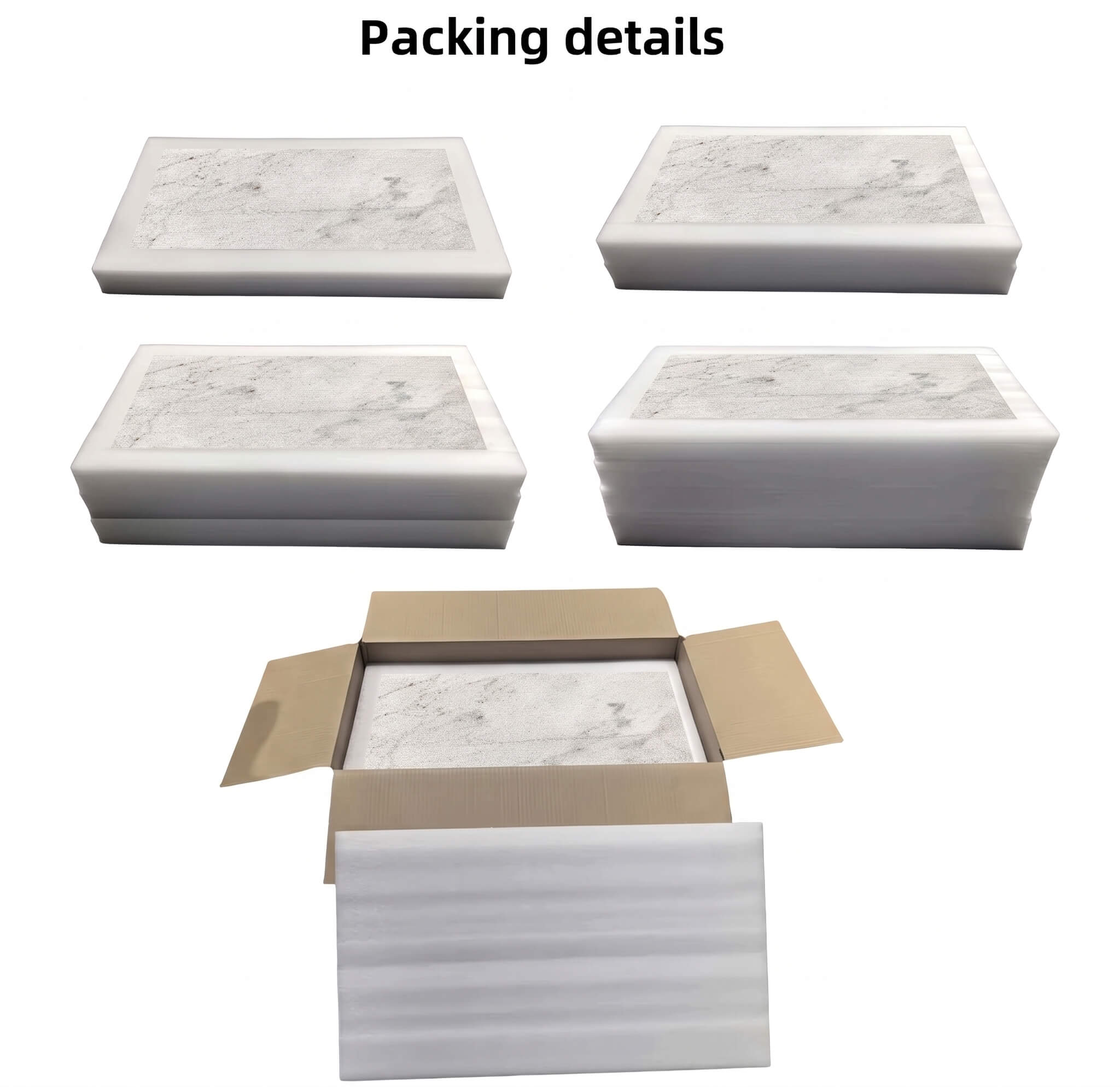 Detailed secure packaging steps showing Snow Mountain White FS textured marble tiles safe inside protective foam & boxes.