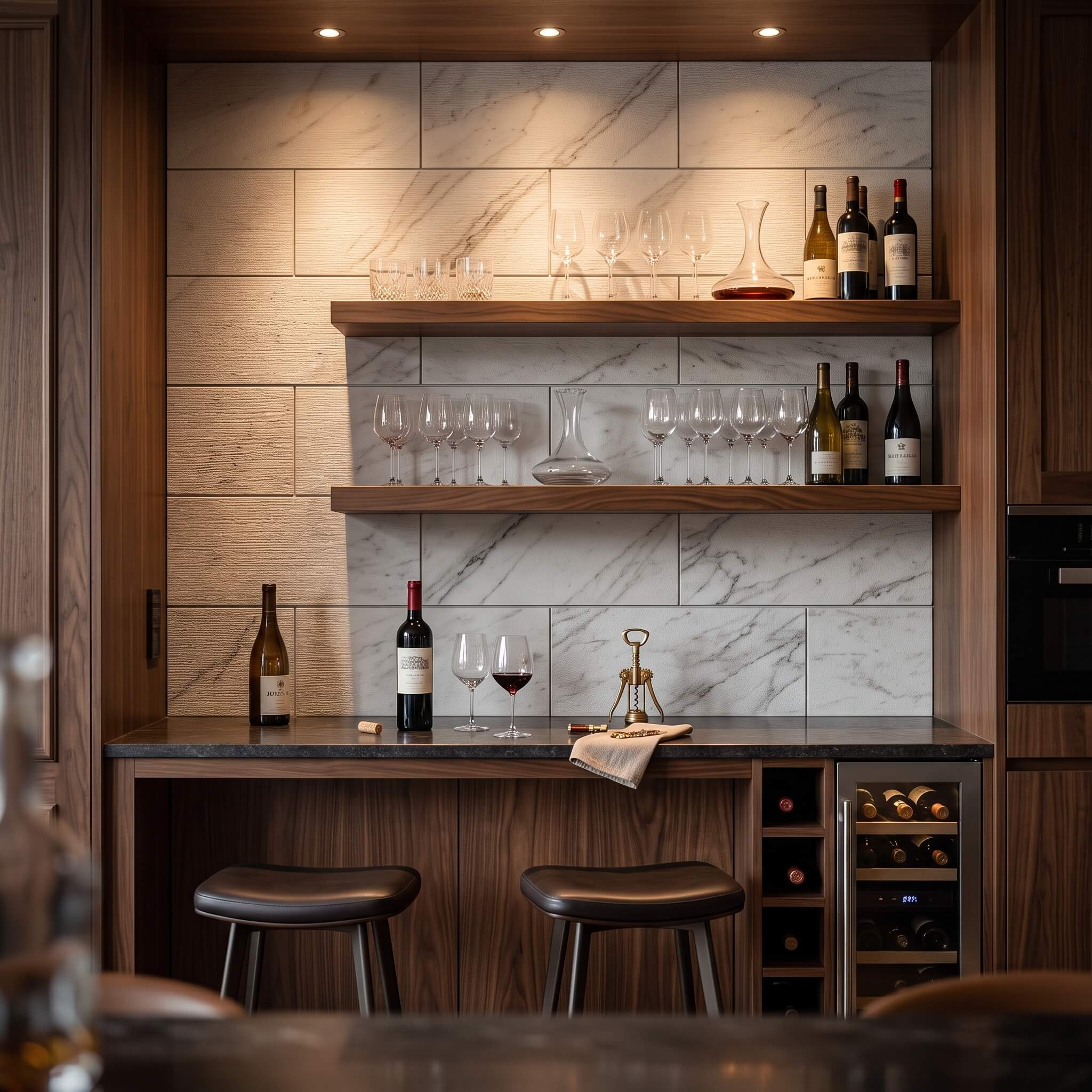 Home bar station featuring a backlit Snow Mountain White FS textured marble backsplash with fine linear grooved stone.
