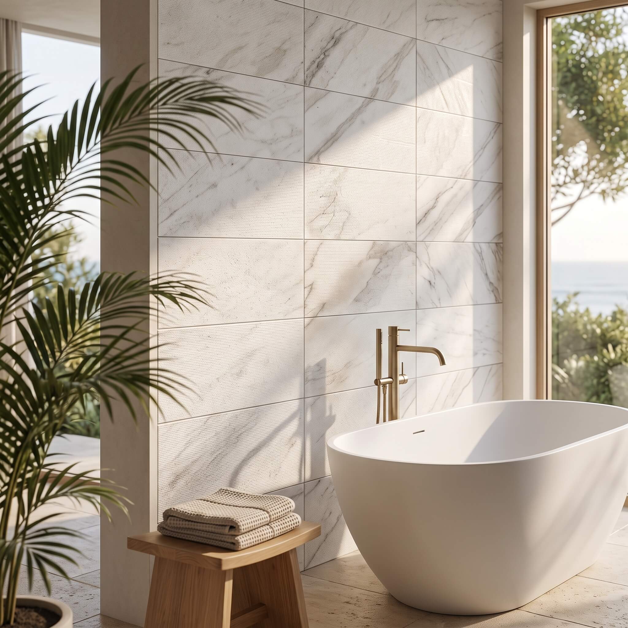Luxury bathroom scene featuring a freestanding tub against an architectural Snow Mountain White FS textured fluted wall.