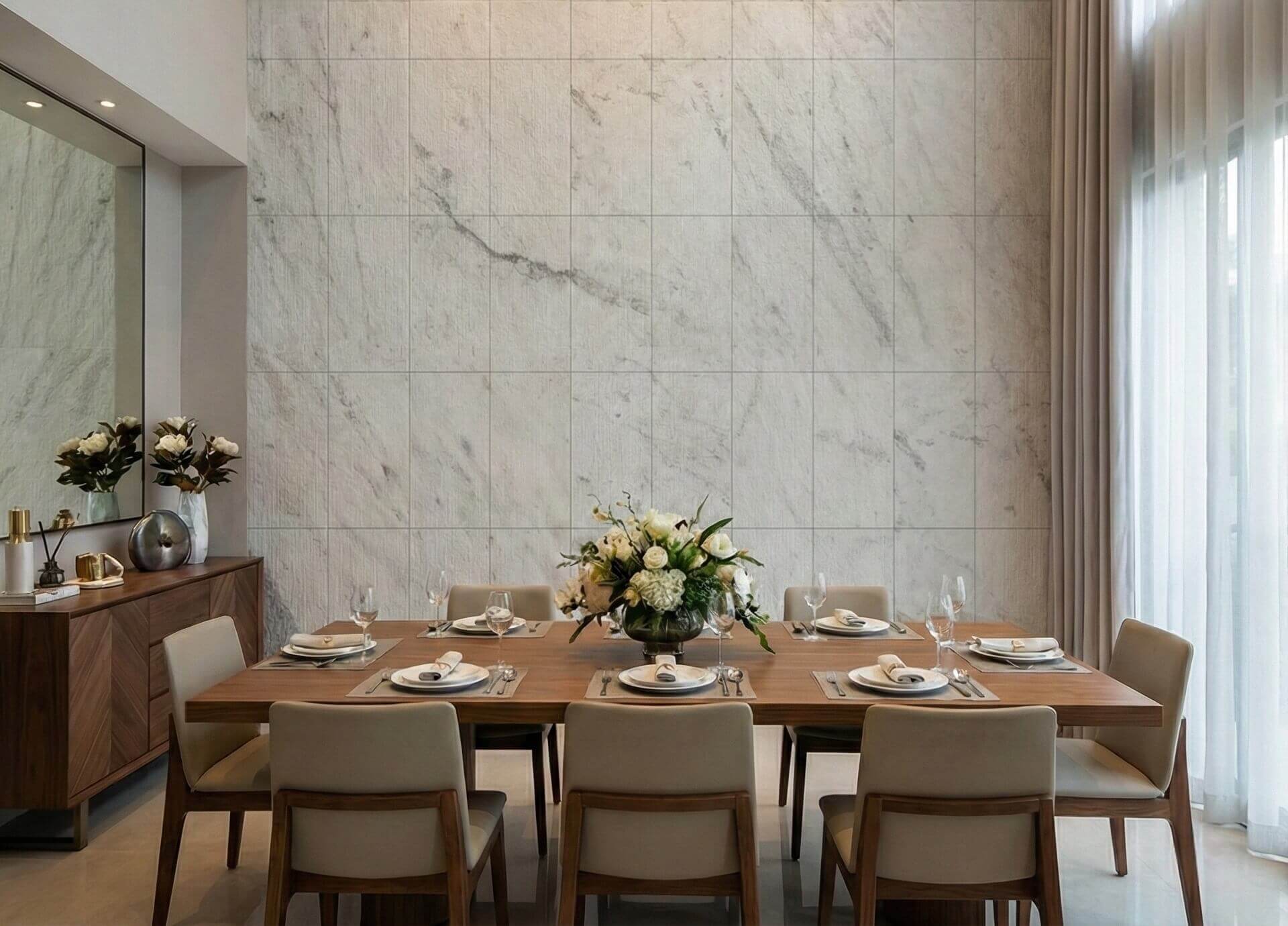 Spacious dining room featuring a floor-to-ceiling accent wall clad in 12x24 Snow Mountain White FS textured marble tiles.