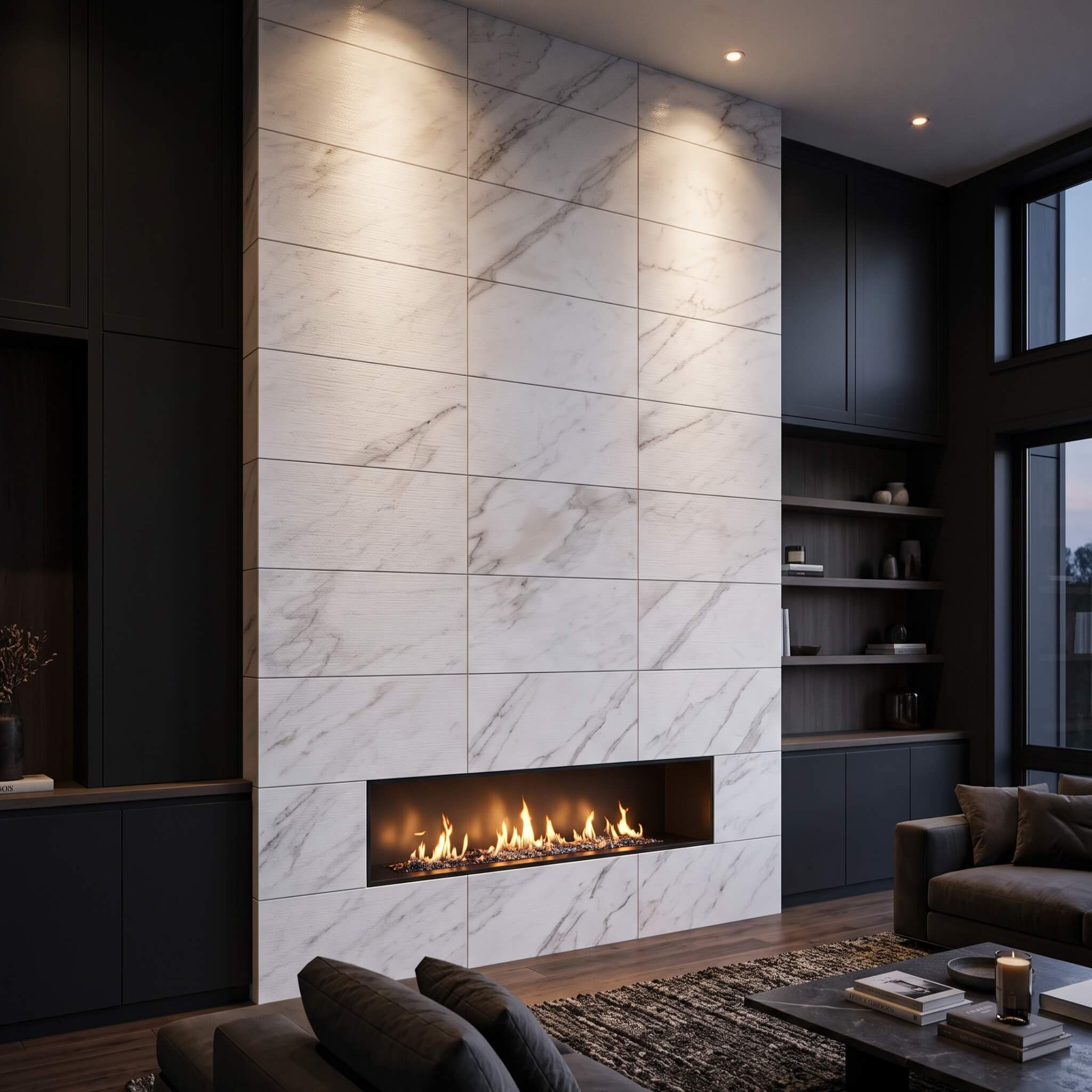 Floor-to-ceiling modern fireplace wall clad in Snow Mountain White FS textured marble tiles with linear fluted details.
